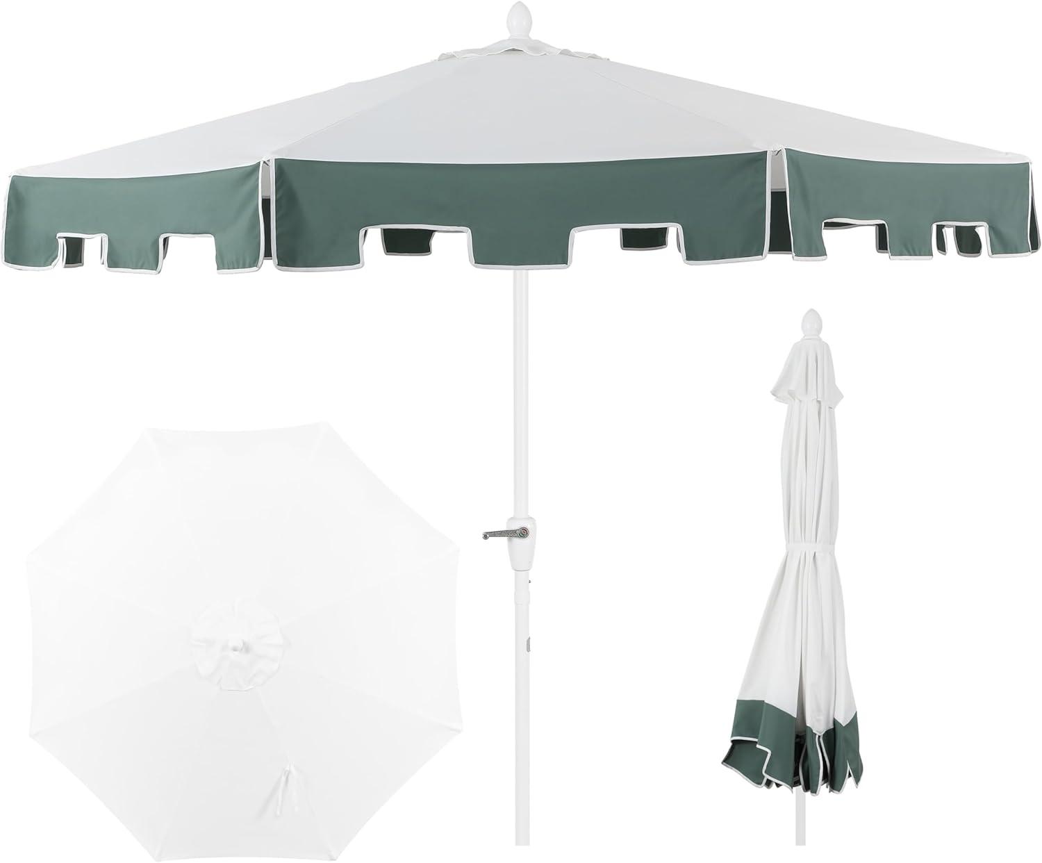 JONATHAN Y Baiona 9 ft. Classic MidCentury Market Patio Umbrella with UV Protection, Auto-Tilt, Crank and Wind Vent in White/Green