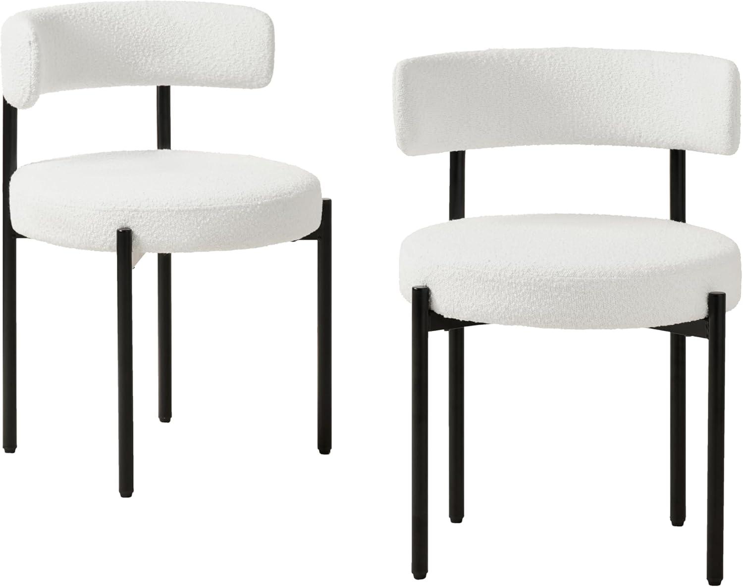 White Dining Chairs Set of 2, Boucle Dining Chairs, Upholstered Kitchen and Dining Room Chairs, Mid-Century Modern Dining Chairs with Black Metal Legs