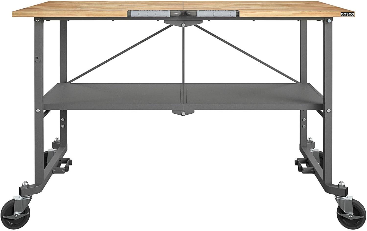COSCO SmartFold Butcher Block Portable Workbench / Folding Utility Table (Gray Steel Frame)