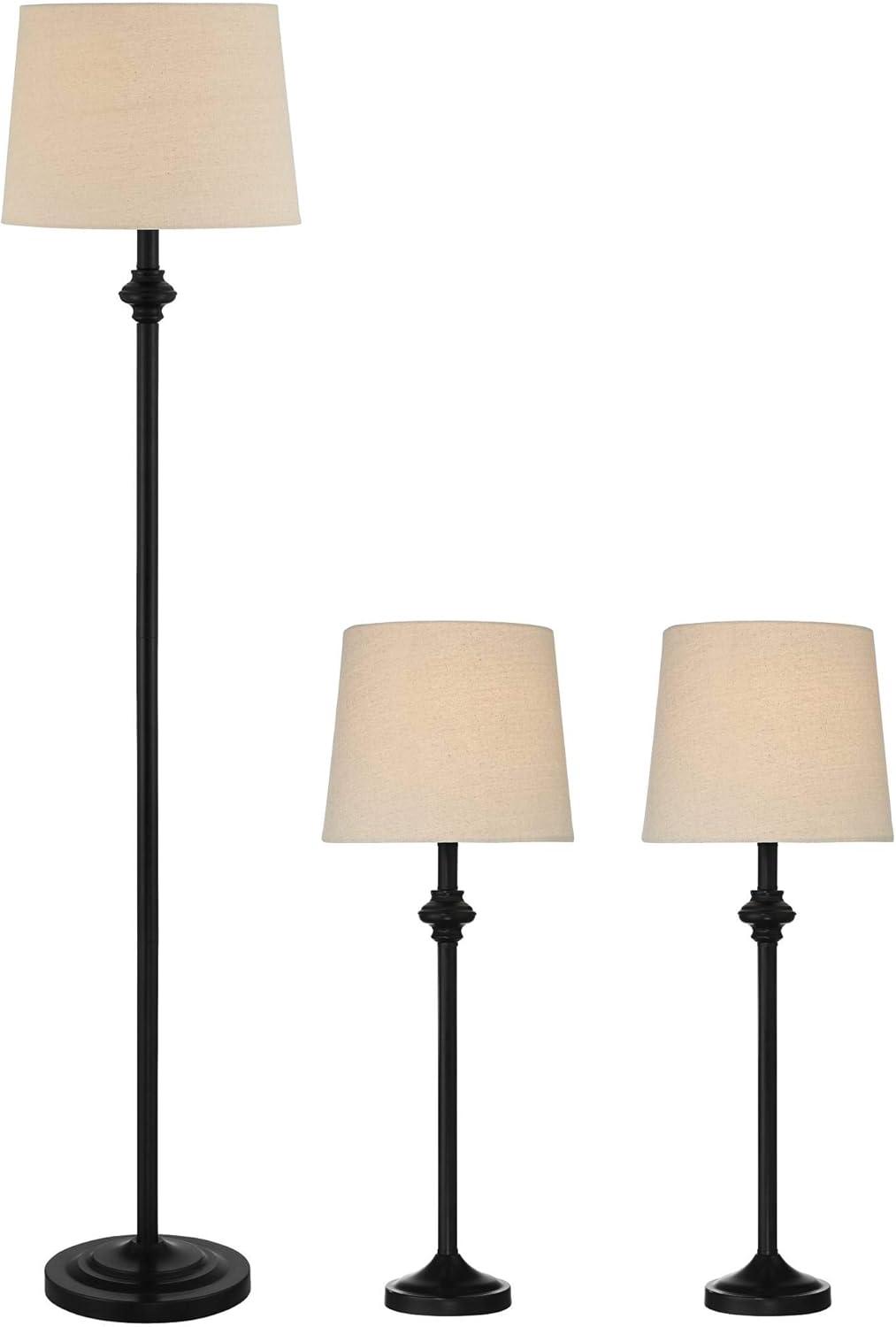 360 Lighting Carter Rustic Farmhouse 3 Piece Table Floor Lamp Set Black Metal Cream Fabric Tapered Drum Shade for Living Room Bedroom Office House