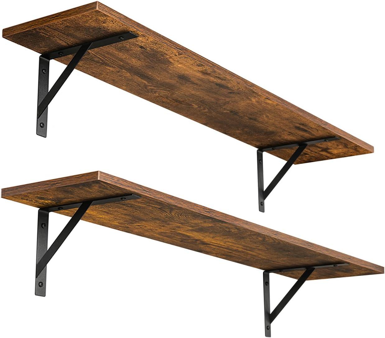 Rustic Brown Wood Floating Wall Shelves with Metal Brackets, 31.5 Inch