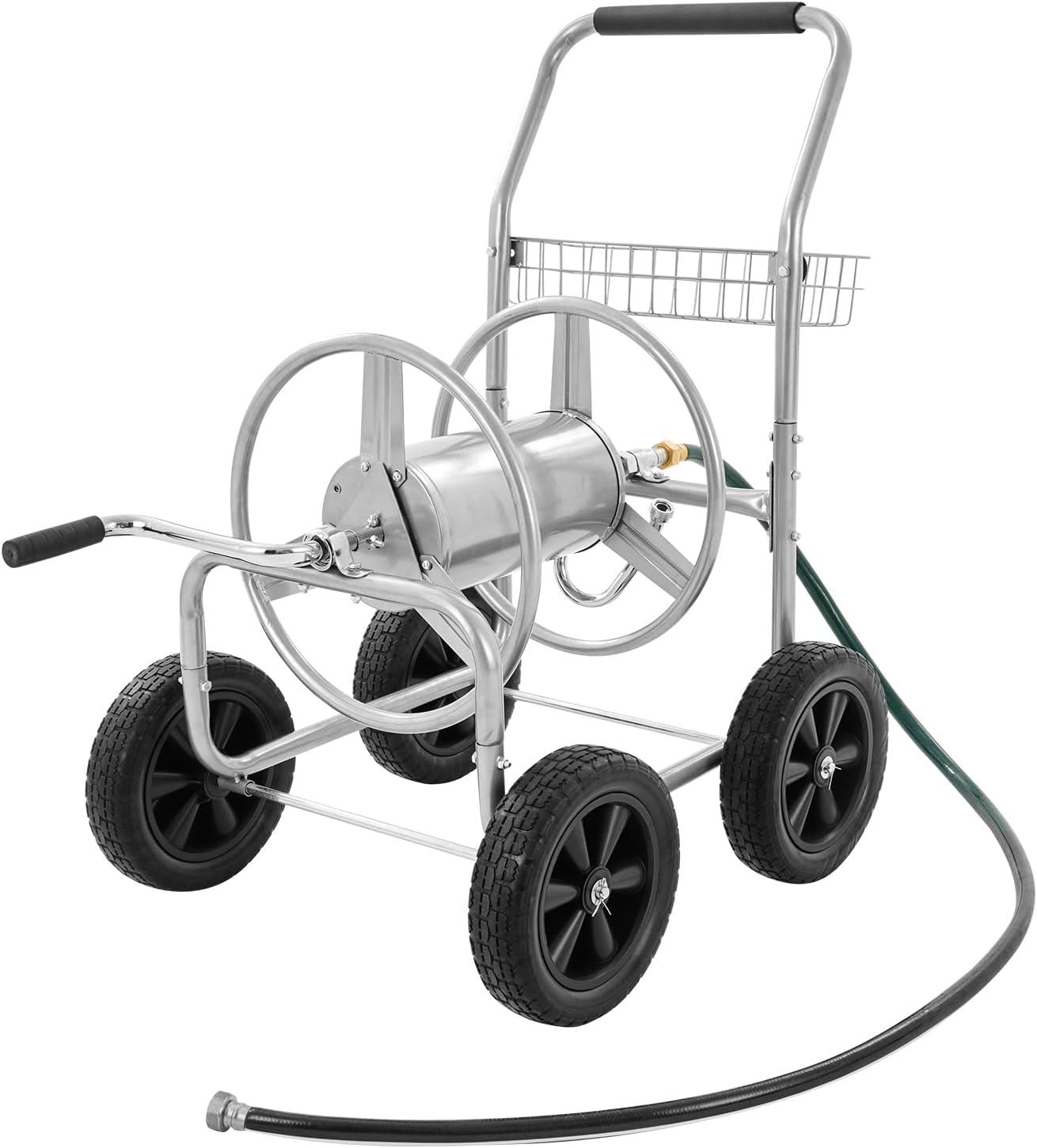 Heavy Duty Silver Steel Garden Hose Reel Cart with Storage Basket