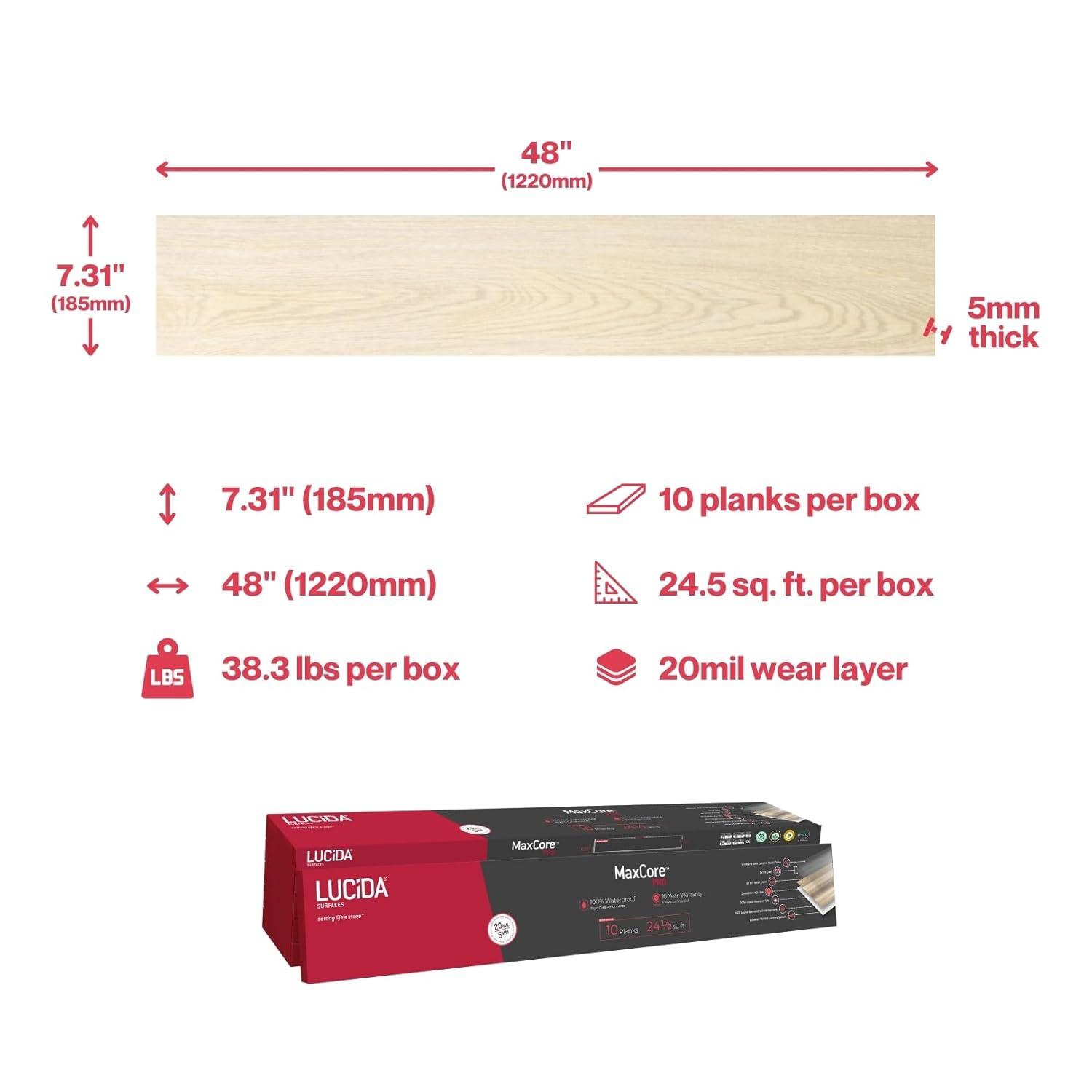 Lucida USA MaxCore Pro 20mil x 7.3" W x 48" L Click Lock Luxury Vinyl Plank Flooring