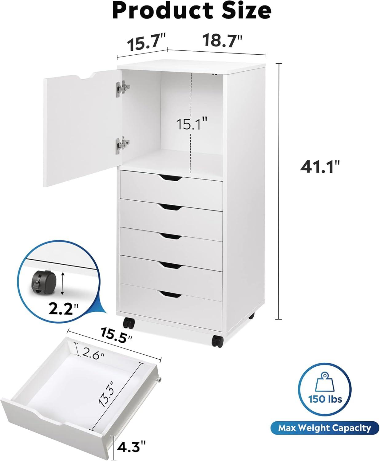 DEVAISE 5-Drawer Wood Dresser with Top Cabinet Storage, Mobile Chest of Drawers, Wide Storage Space for Home Office, White
