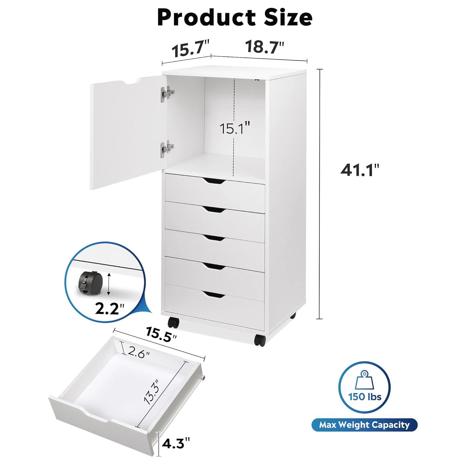 DEVAISE 5-Drawer Wood Dresser with Top Cabinet Storage, Mobile Chest of Drawers, Wide Storage Space for Home Office, White