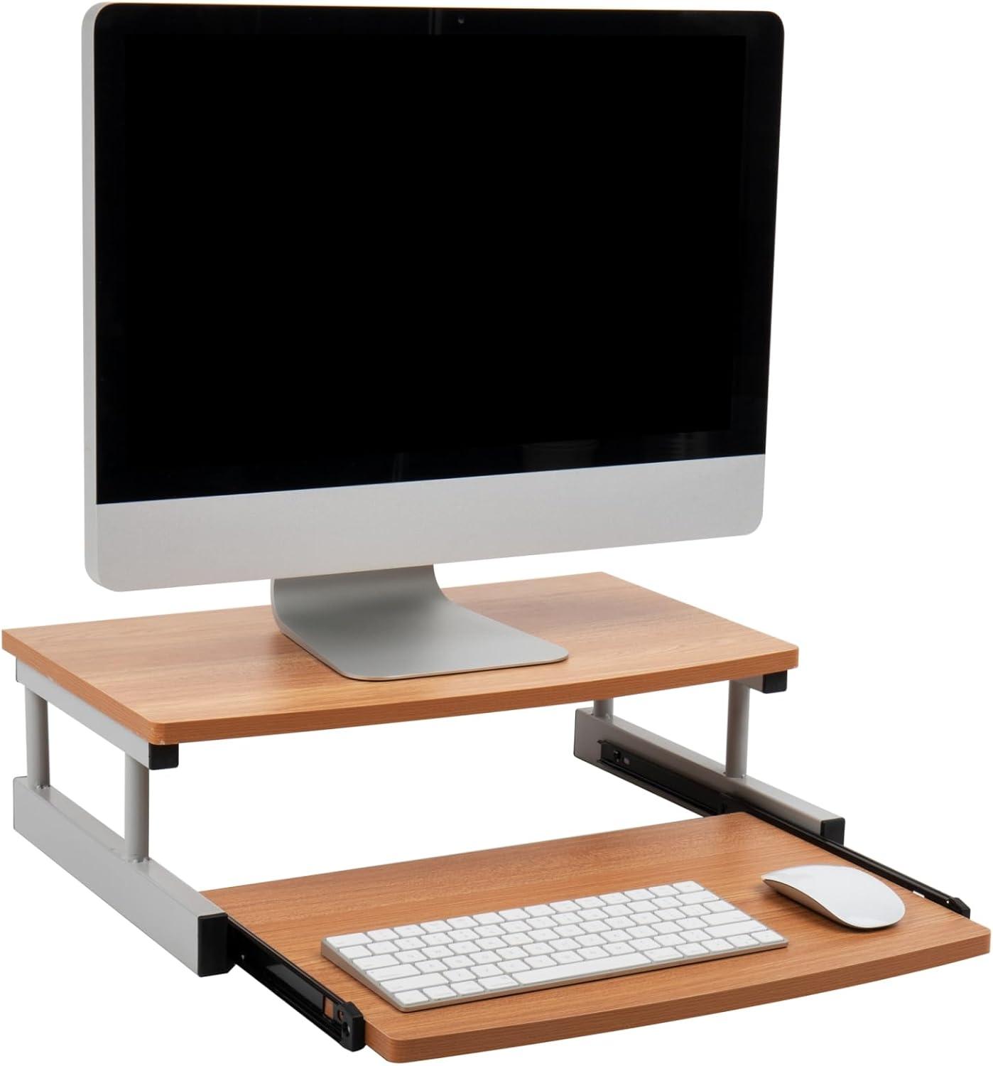 Brown MDF and Metal Monitor Stand with Sliding Keyboard Drawer