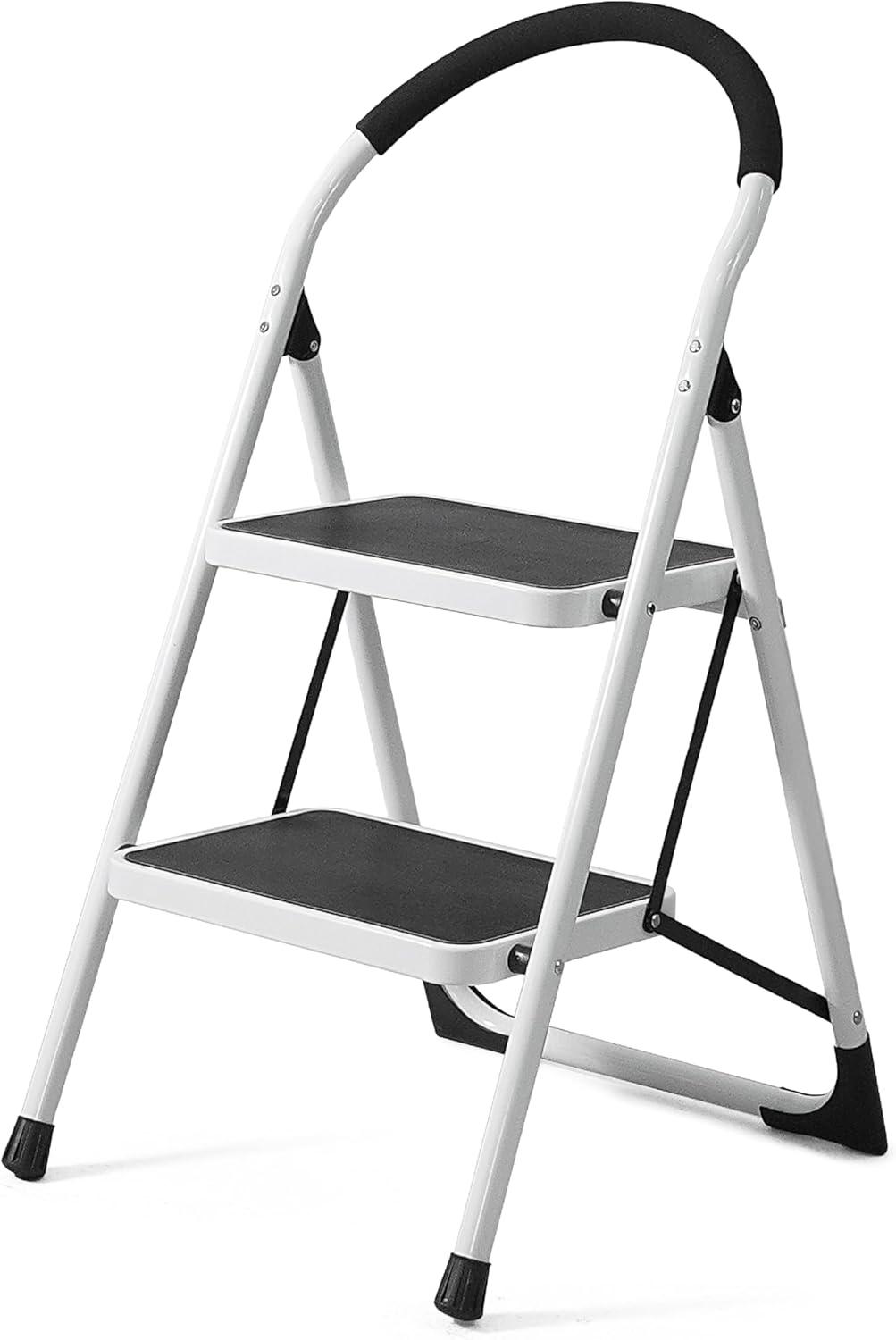 White 2-Step Folding Ladder with Anti-Slip Pedals