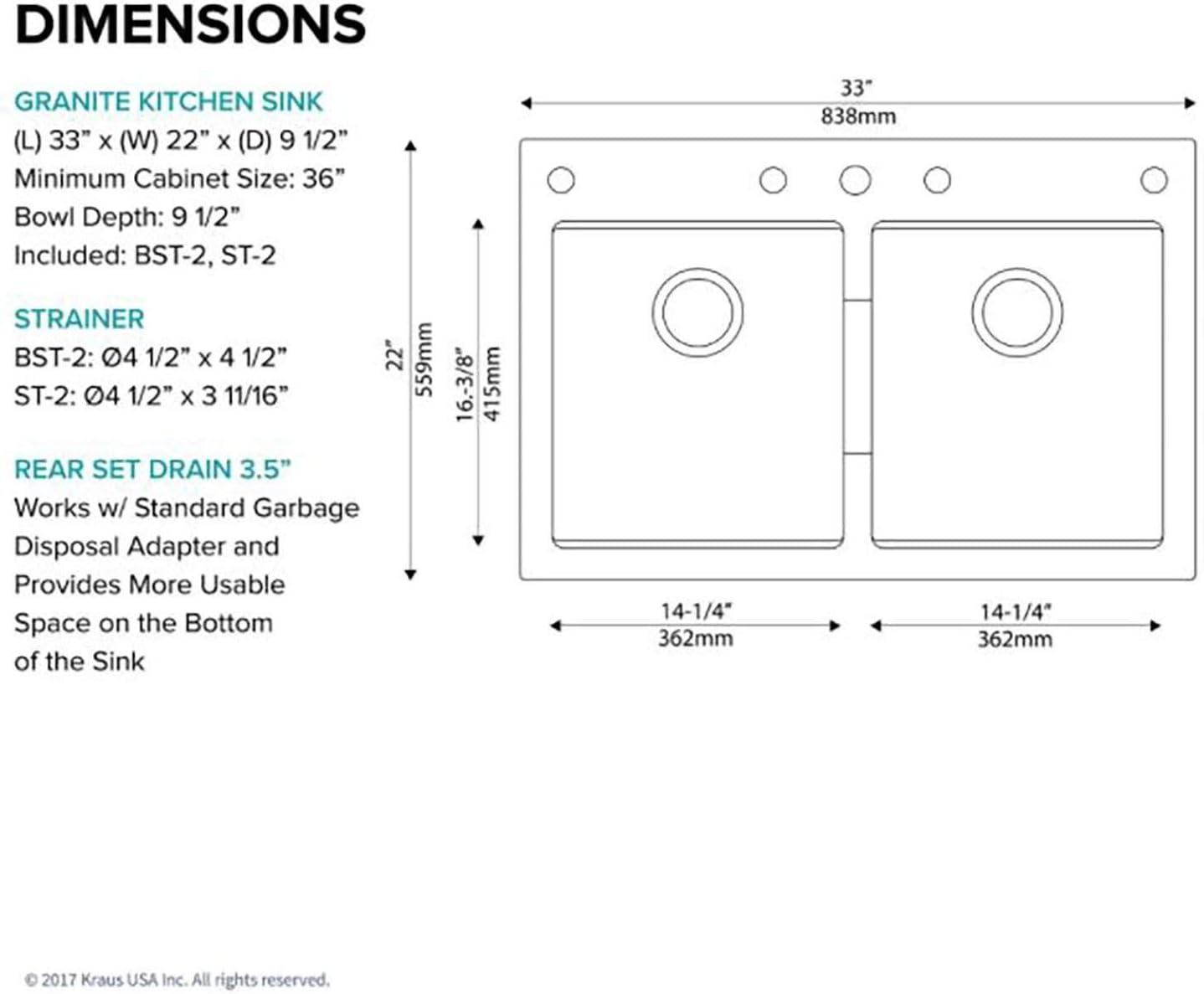 KRAUS 33 inch L Dual Mount 50/50 Double Bowl Granite Kitchen Sink w/ Top Mount and Undermount Installation in Black Onyx