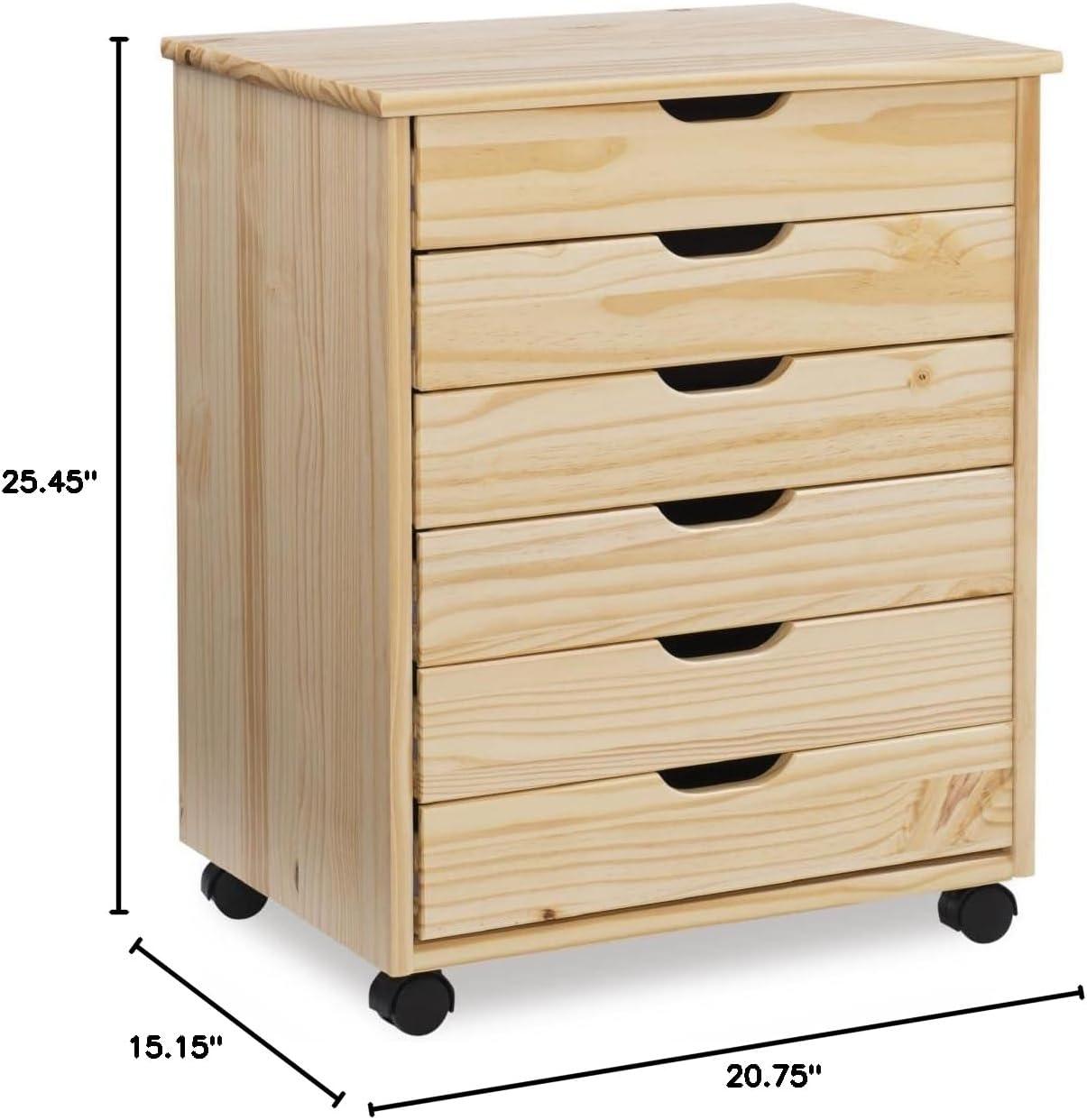 Cary Transitional 6 Drawer Solid Wood Contoured Handle Cut Out Wide Roll Cart Natural - Linon: Pine Frame, Farmhouse Style