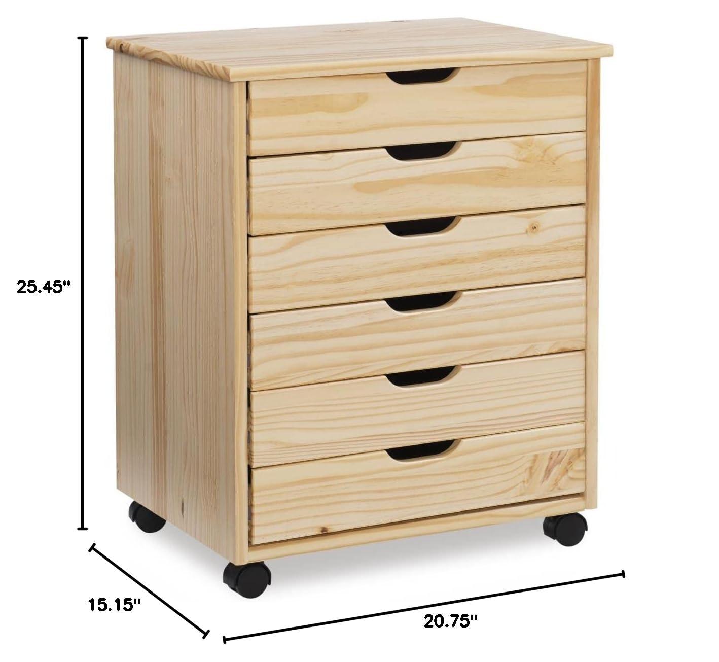 Cary Transitional 6 Drawer Solid Wood Contoured Handle Cut Out Wide Roll Cart Natural - Linon: Pine Frame, Farmhouse Style