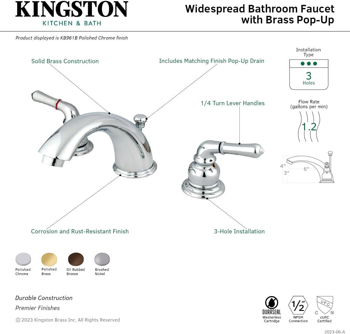 Kingston Brass Magellan Two-Handle 3-Hole Deck Mount Widespread Bathroom Faucet with Brass Pop-Up Drain