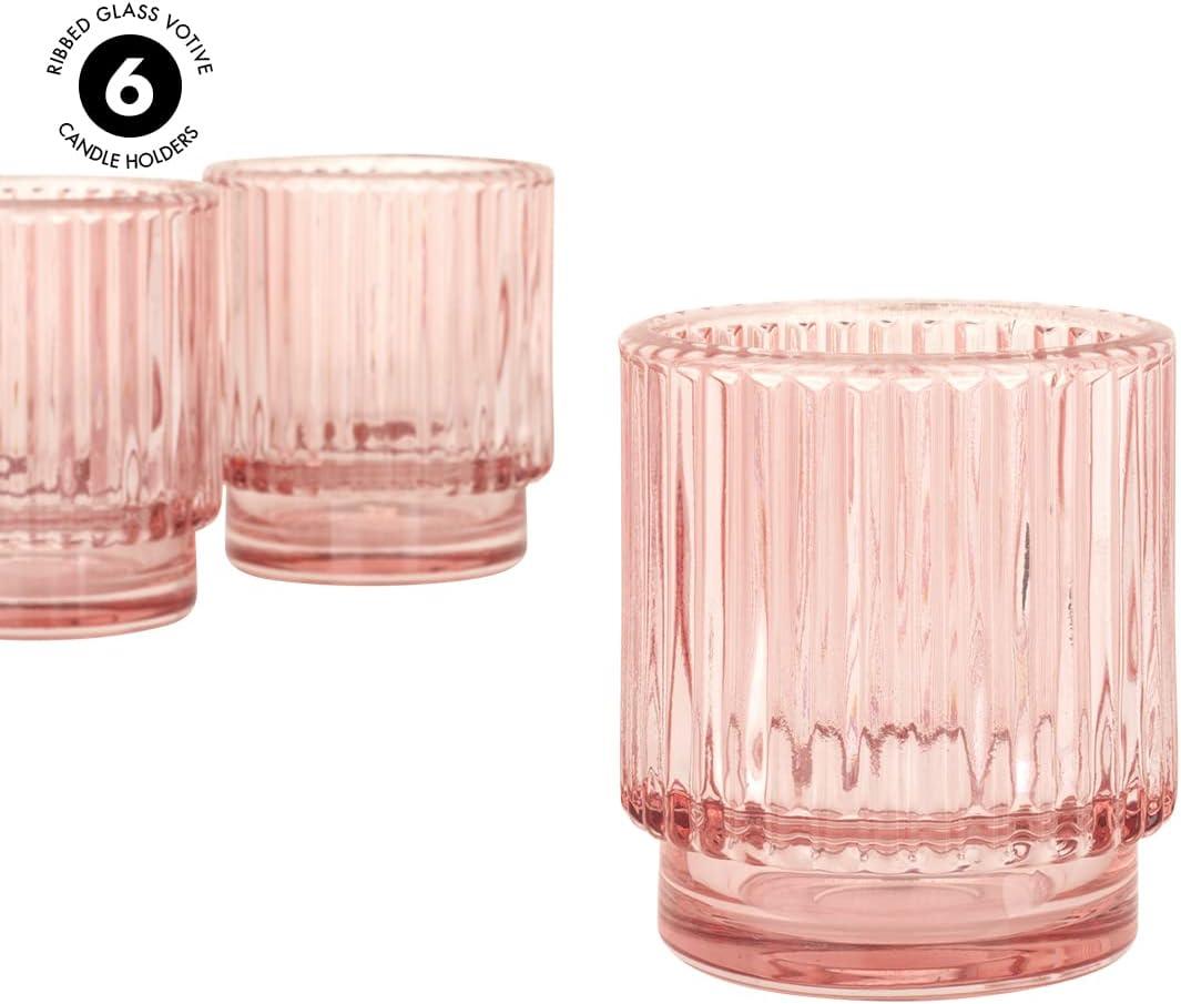 Koyal Wholesale Blush Pink Ribbed Candle Holders, Set of 6