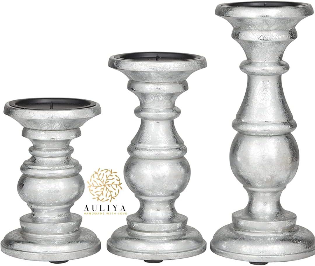 AULIYA Wooden Candle Holders Pillar Candles Holder Rustic Wood Stand Decorative Polish Candlestick Set of 3 for Home Decor - 6" 8" 10" Silver