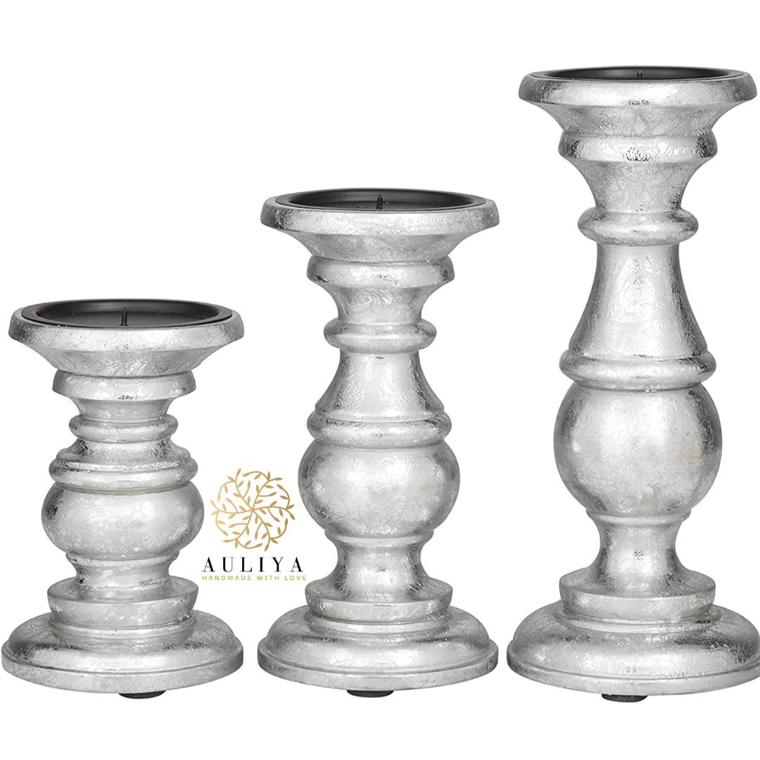 AULIYA Wooden Candle Holders Pillar Candles Holder Rustic Wood Stand Decorative Polish Candlestick Set of 3 for Home Decor - 6" 8" 10" Silver