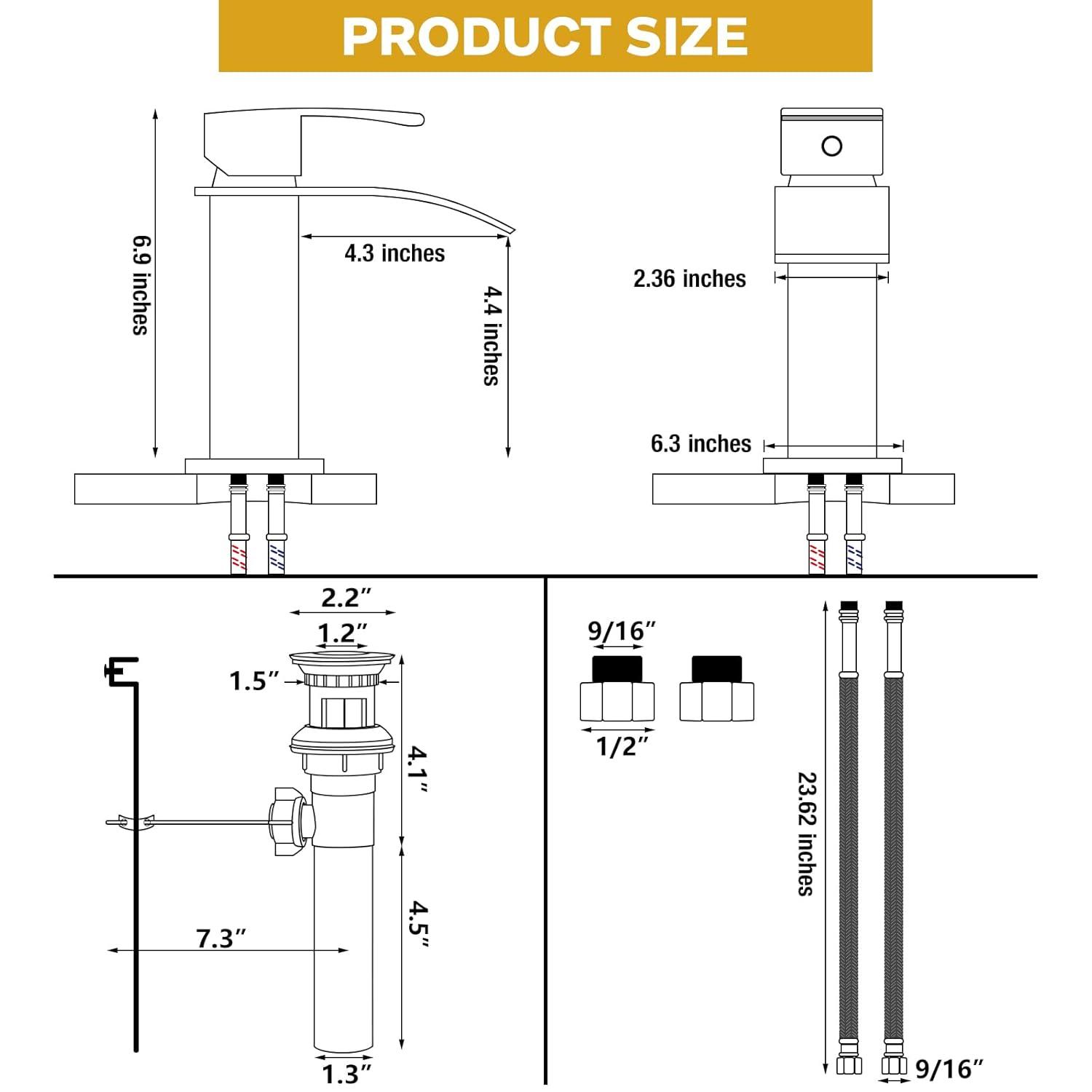 KZH Waterfall Bathroom Faucet, Black Modern Single Handle Bathroom Faucets for 1 or 3 Hole Bathroom Sink Faucet Mixer Tap Washbasin Faucet with Lift Rod Drain,Deck Plate, Supply Hoses