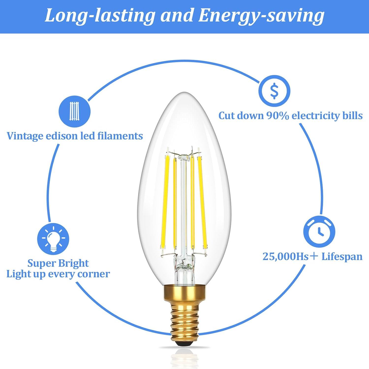 Dimmable Warm White LED Filament Chandelier Bulbs, 6-Pack