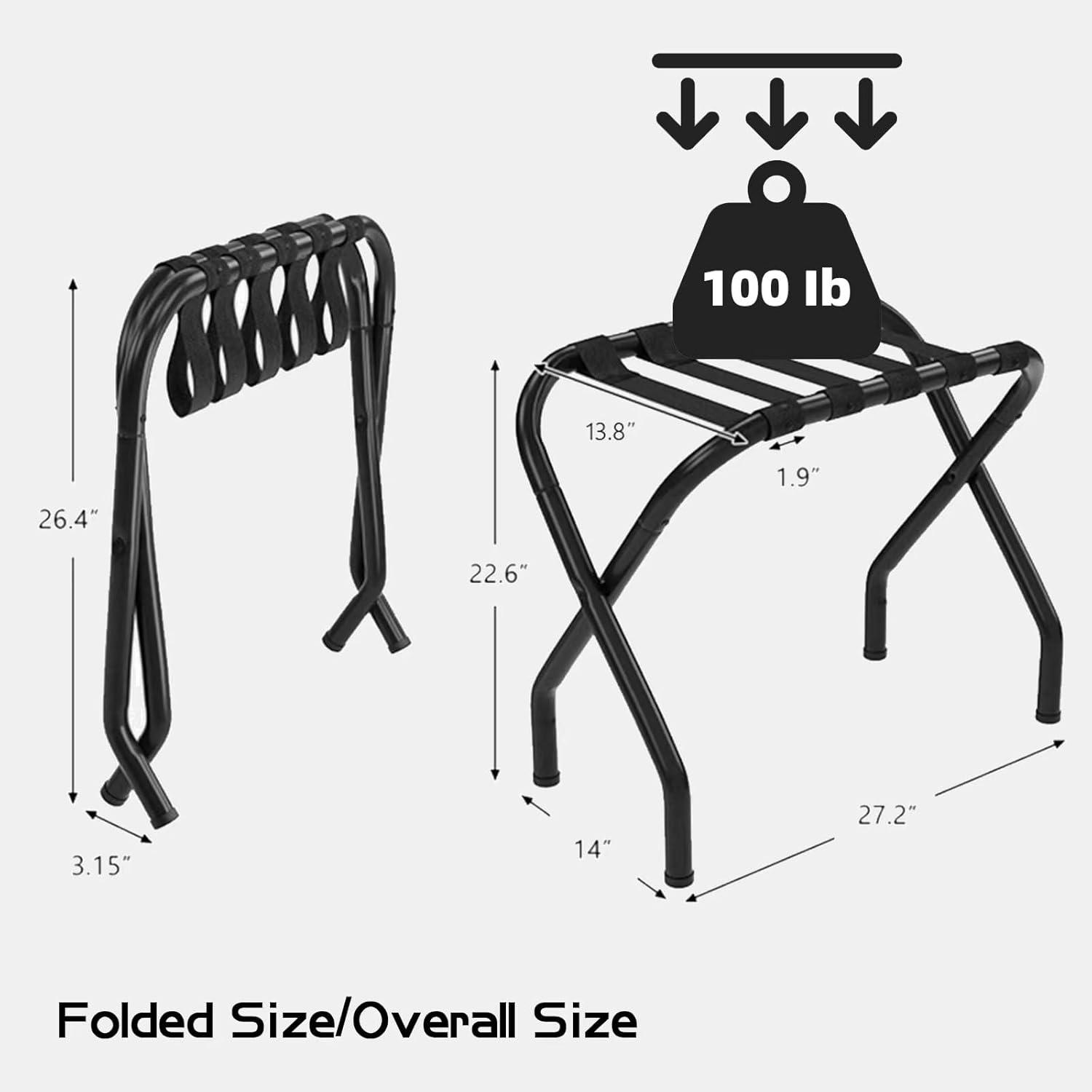 Lifemaster Foldable Luggage Rack for Guest Room - Steel Frame, Holds 100 lbs - Easy Assembly, Space-Saving Design, Nylon Straps - Black, Pack of 1