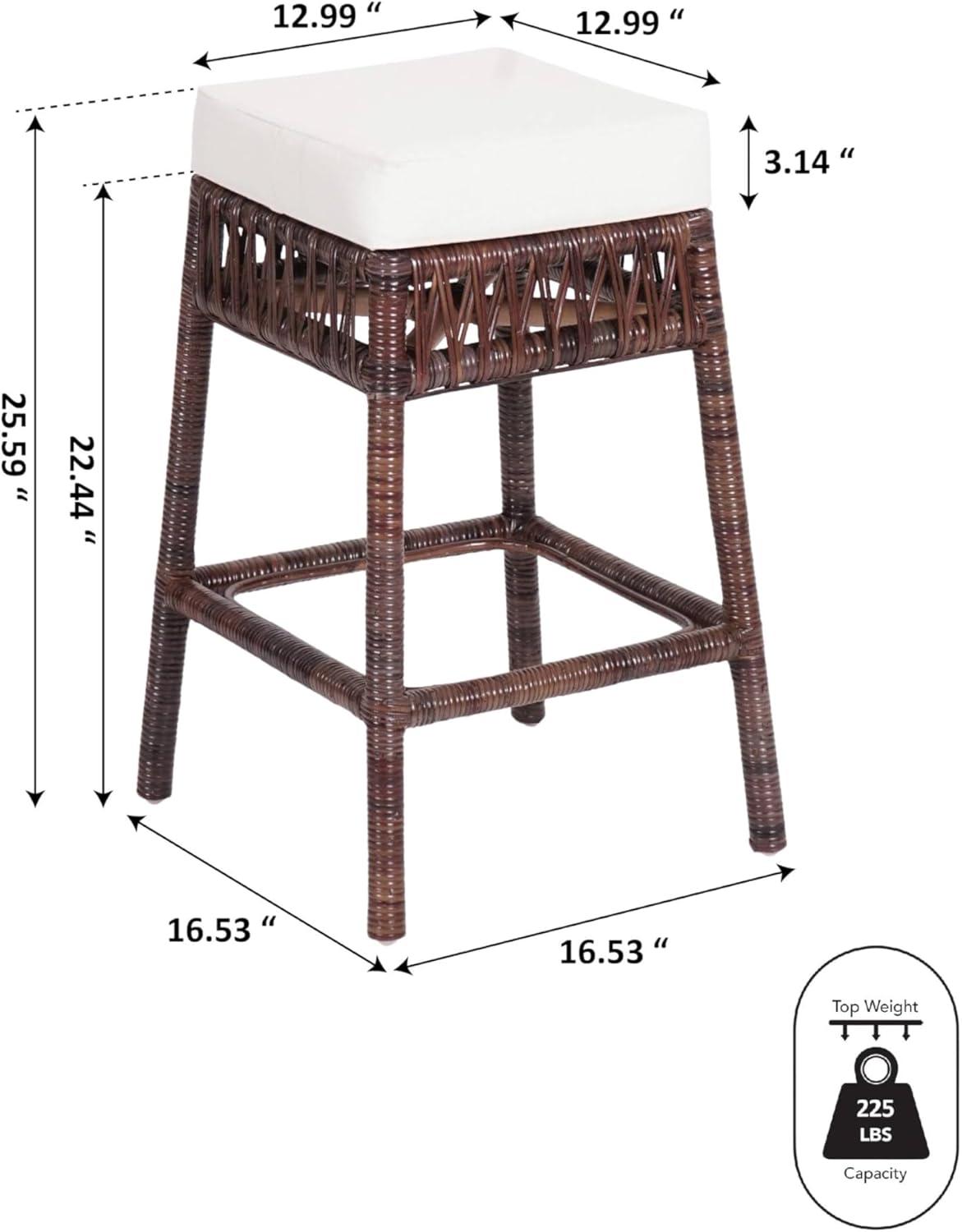 JONATHAN Y Bali Bohemian Basics Rattan Backless Bar Stool, White Cushion with Dark Brown Woven Frame