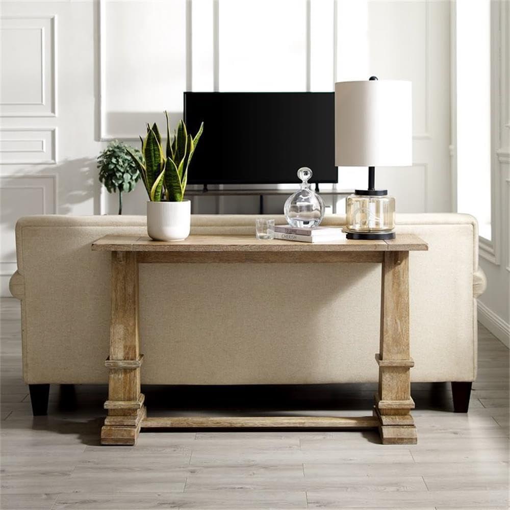 Rustic Brown Farmhouse Wood Console Table with Pedestal Columns