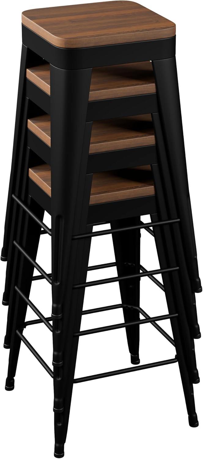 Set of 4 Black Metal and Wood Counter Stools