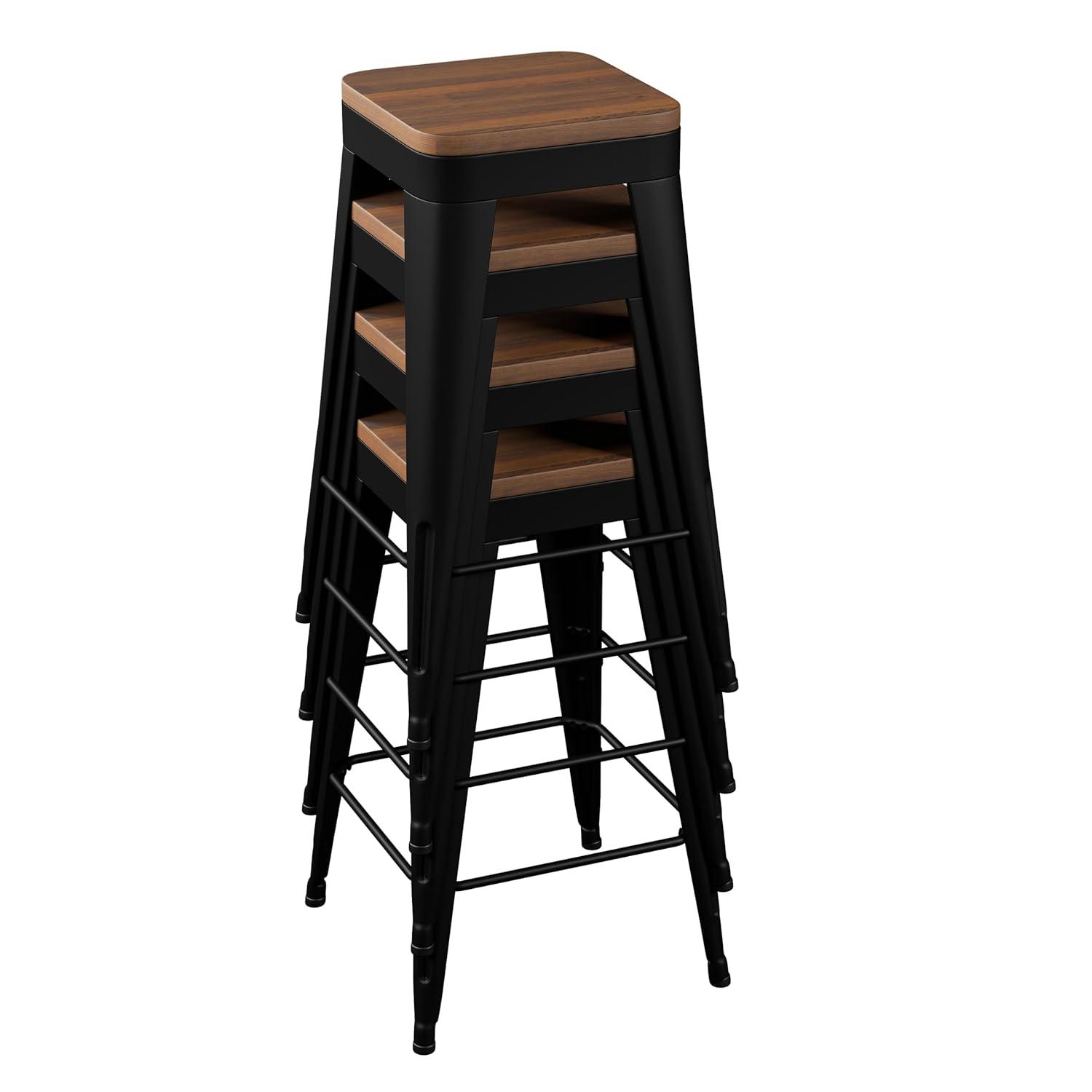Stools Set of 4 Counter Height  Stools Metal Barstools with Removable Back 30" Kitchen  Stools with Wooden Seat
