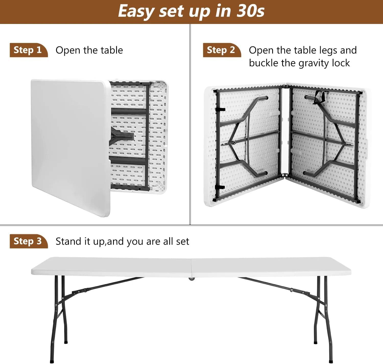 8ft Folding Table Portable Picnic Table, Lightweigh Folding Plastic Table with Handle and Steel Legs Utility Table Dining Lock for Work,Picnic,Party,Camping,White