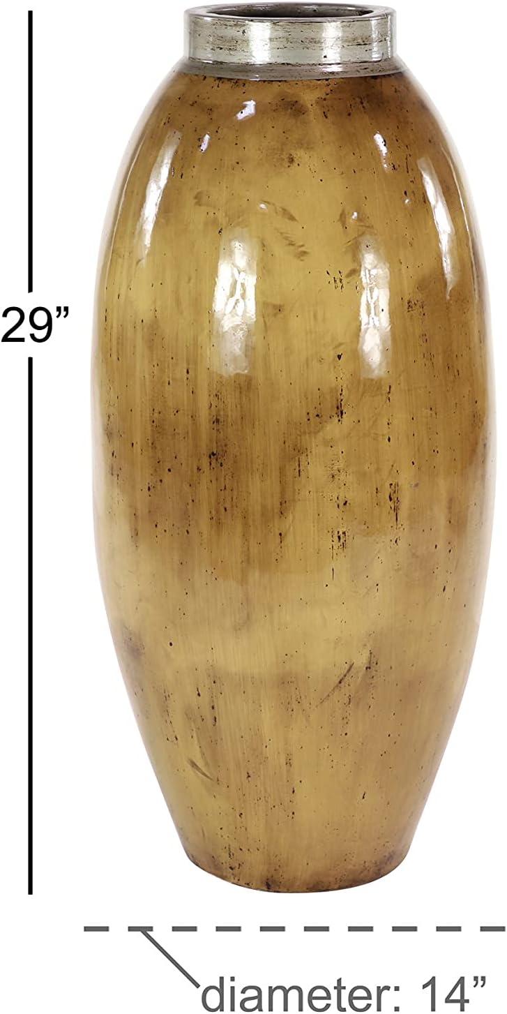 Tall Brown Ceramic Floor Vase with Silver Rim