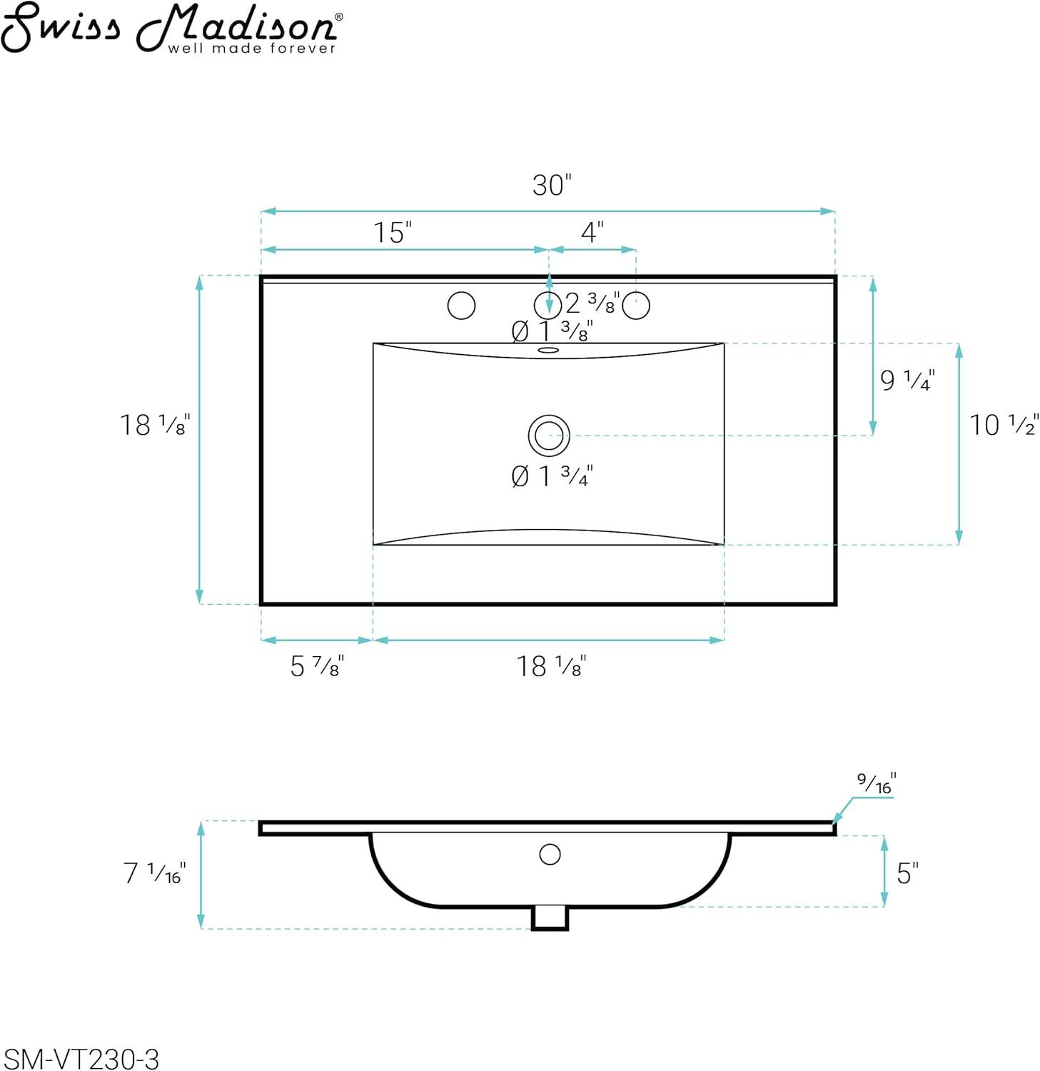 Swiss Madison 30" Vanity Top Bathroom Sink With 3 Holes