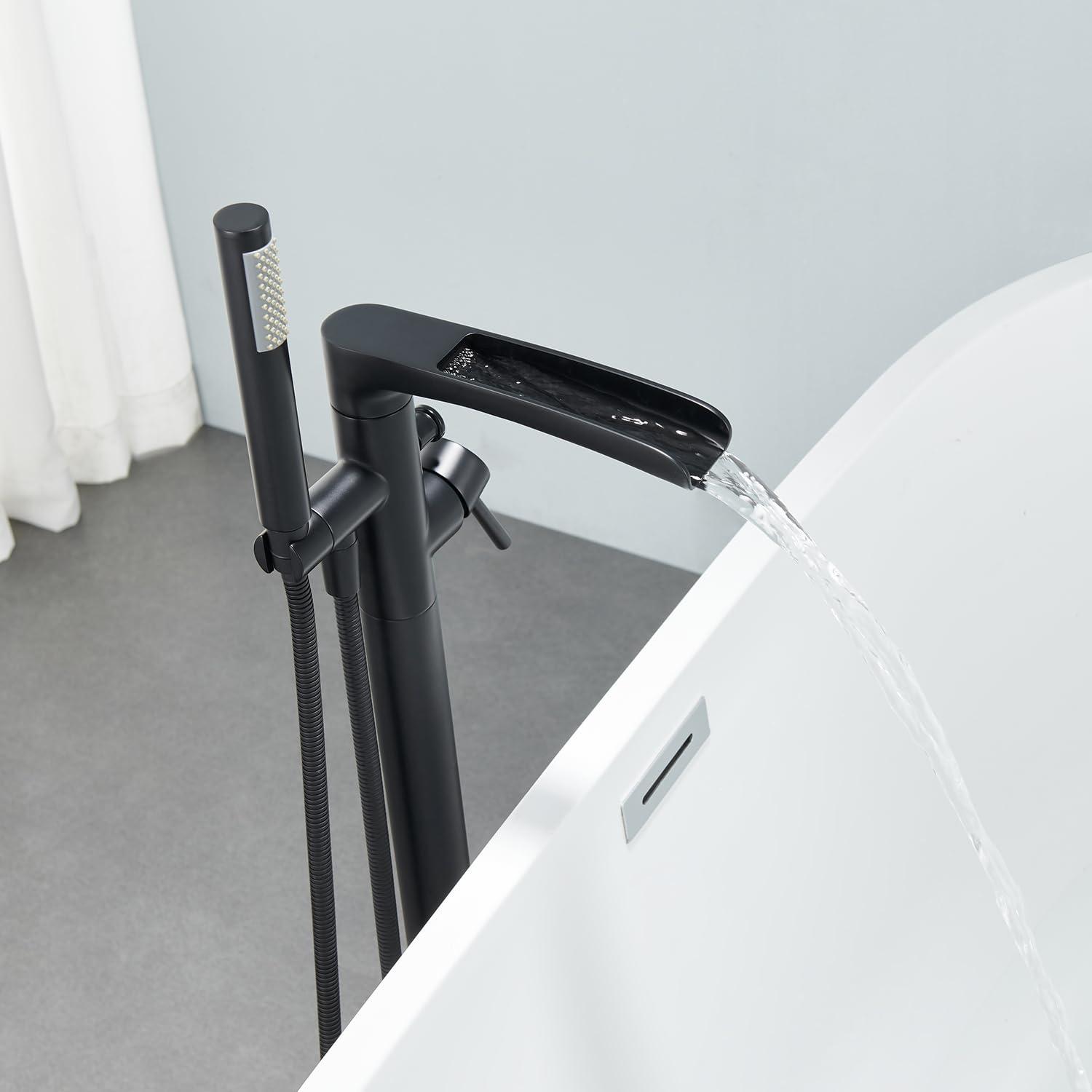 MOGFCT Waterfall Freestanding Bathtub Faucet Set Single Handle Floor Mount Tub Filler with Hand Shower ,Matte Black