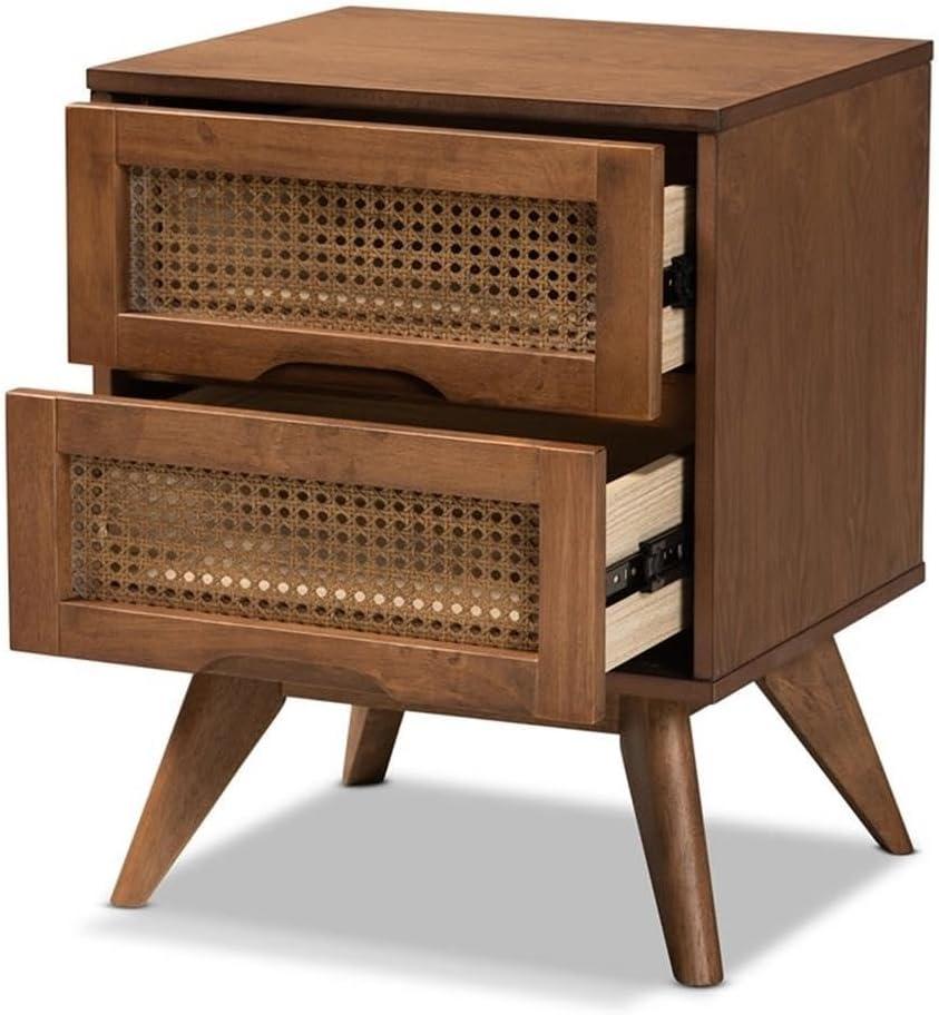 Barrett Wood & Synthetic Rattan Nightstand: 2 Drawers, Angled Legs - Baxton Studio