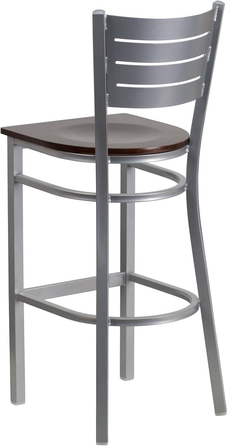 Sleek Silver Metal and Mahogany Wood Slat Back Barstool