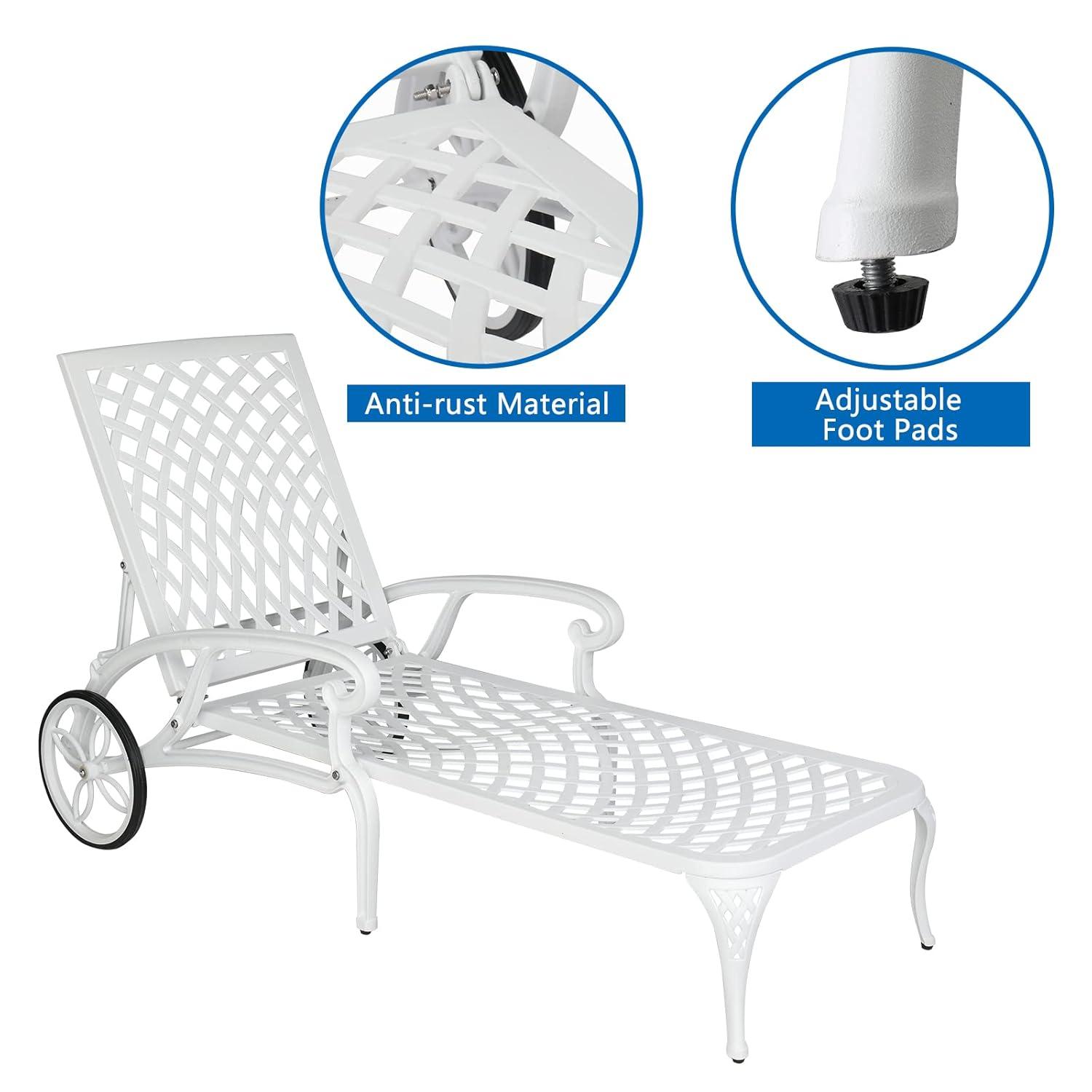 Black Cast Aluminum Metal Outdoor Chaise Lounge with Wheels and 3-Position Adjustable Backrest for Patio, Pool