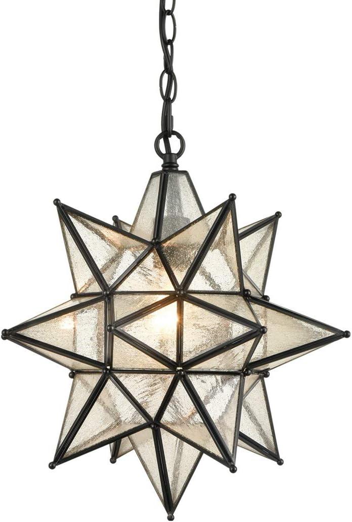 Black Geometric Metal Moravian Star Pendant Light with Seeded Glass Shade