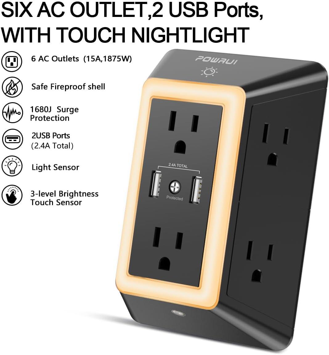 Black 6-Outlet Surge Protector with USB Ports and Night Light