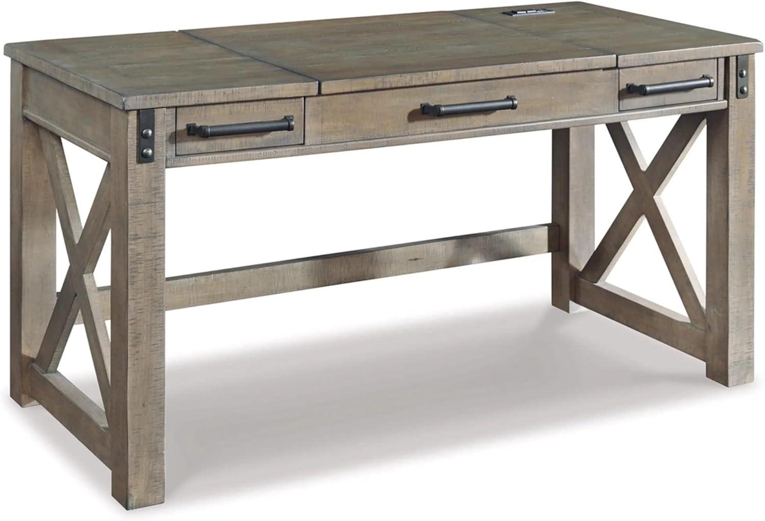 Rustic Farmhouse Gray Pine Corner Desk with Power Outlets and USB Ports