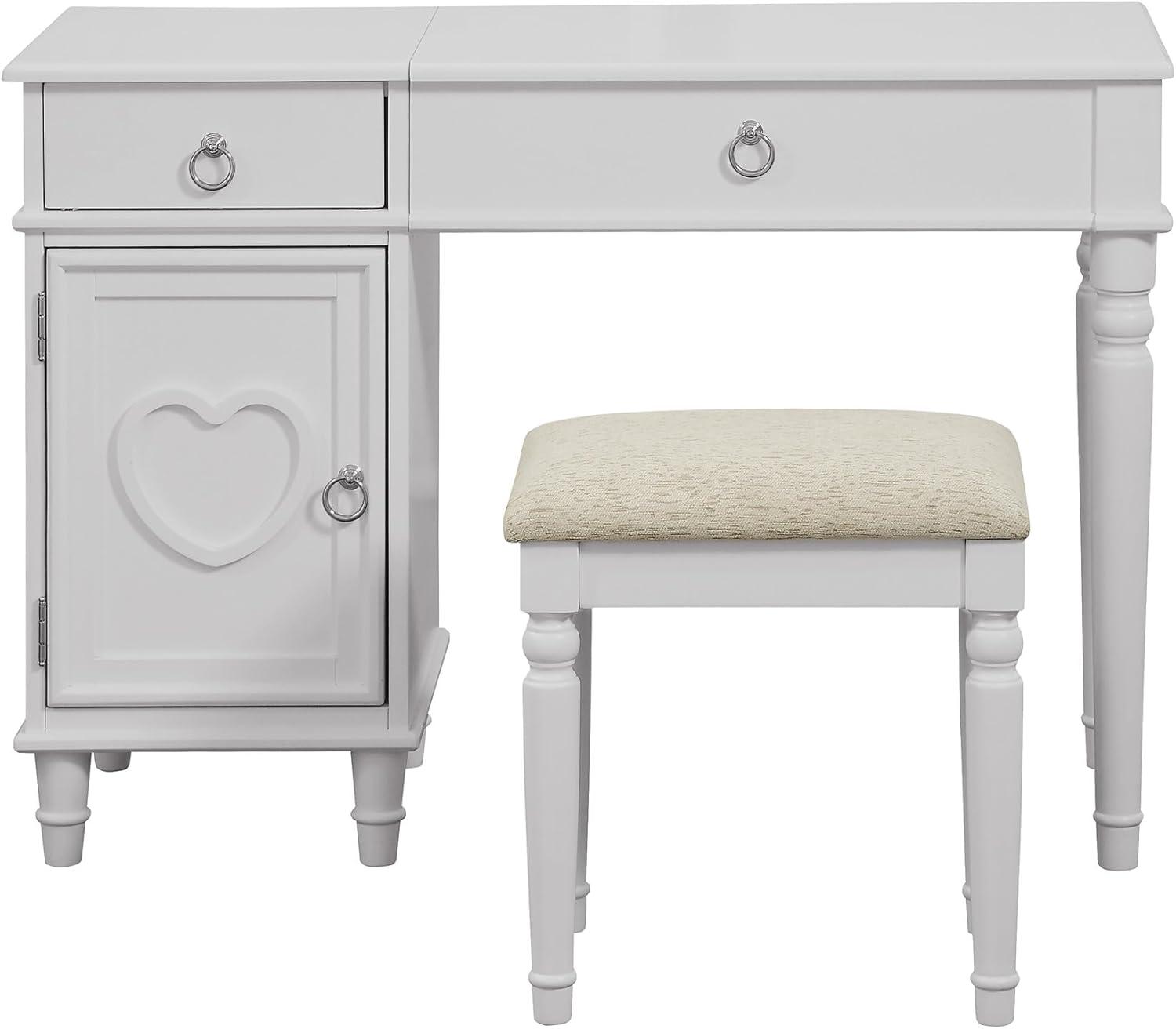 White Wooden Vanity Set with Mirror and Bench