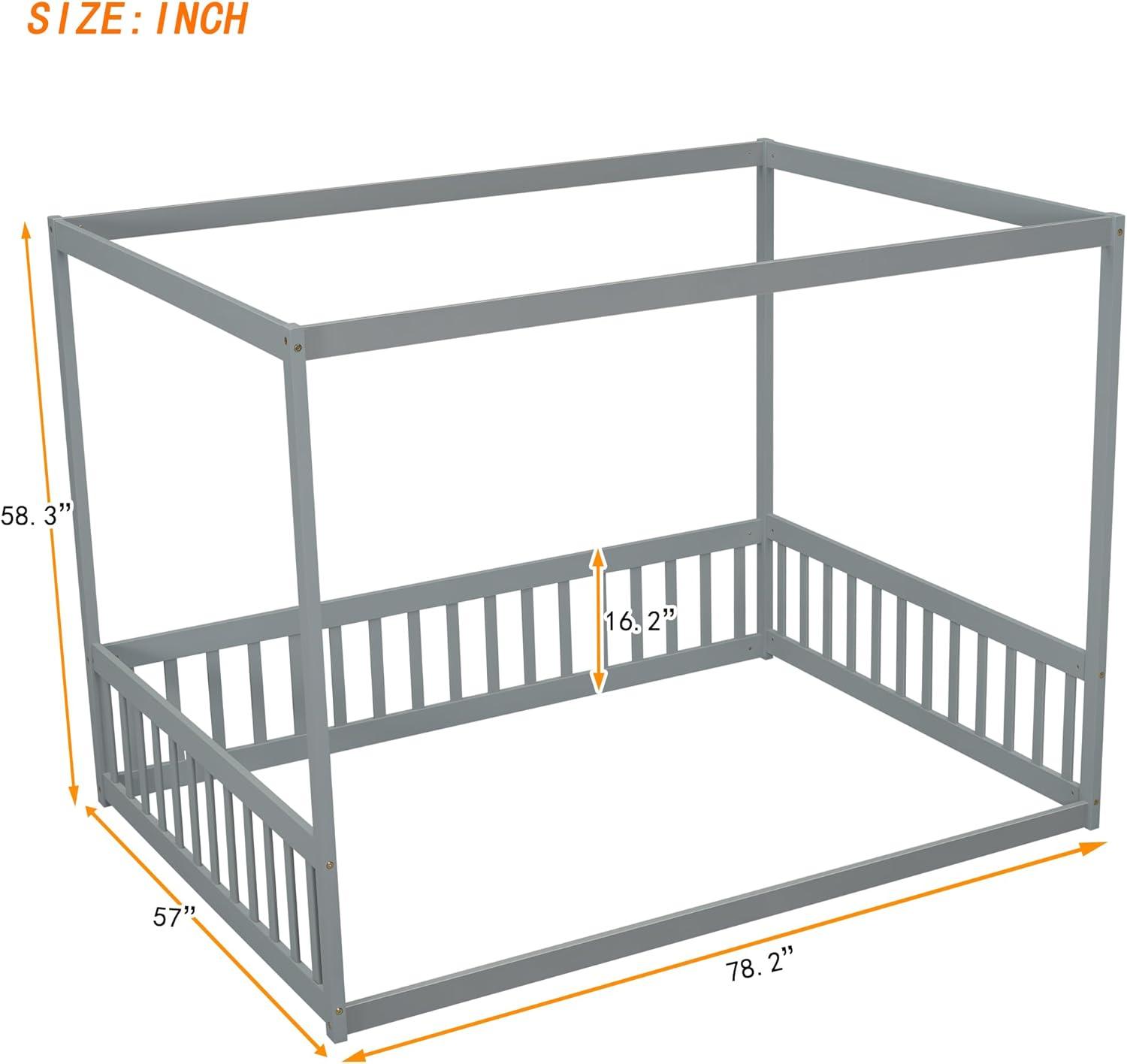 Canopy Frame Twin Size Floor Bed for Kids Bedroom,Wood Bed Frame with Fence for Boys/Girls/Teens,No Box Spring Needed,Natural