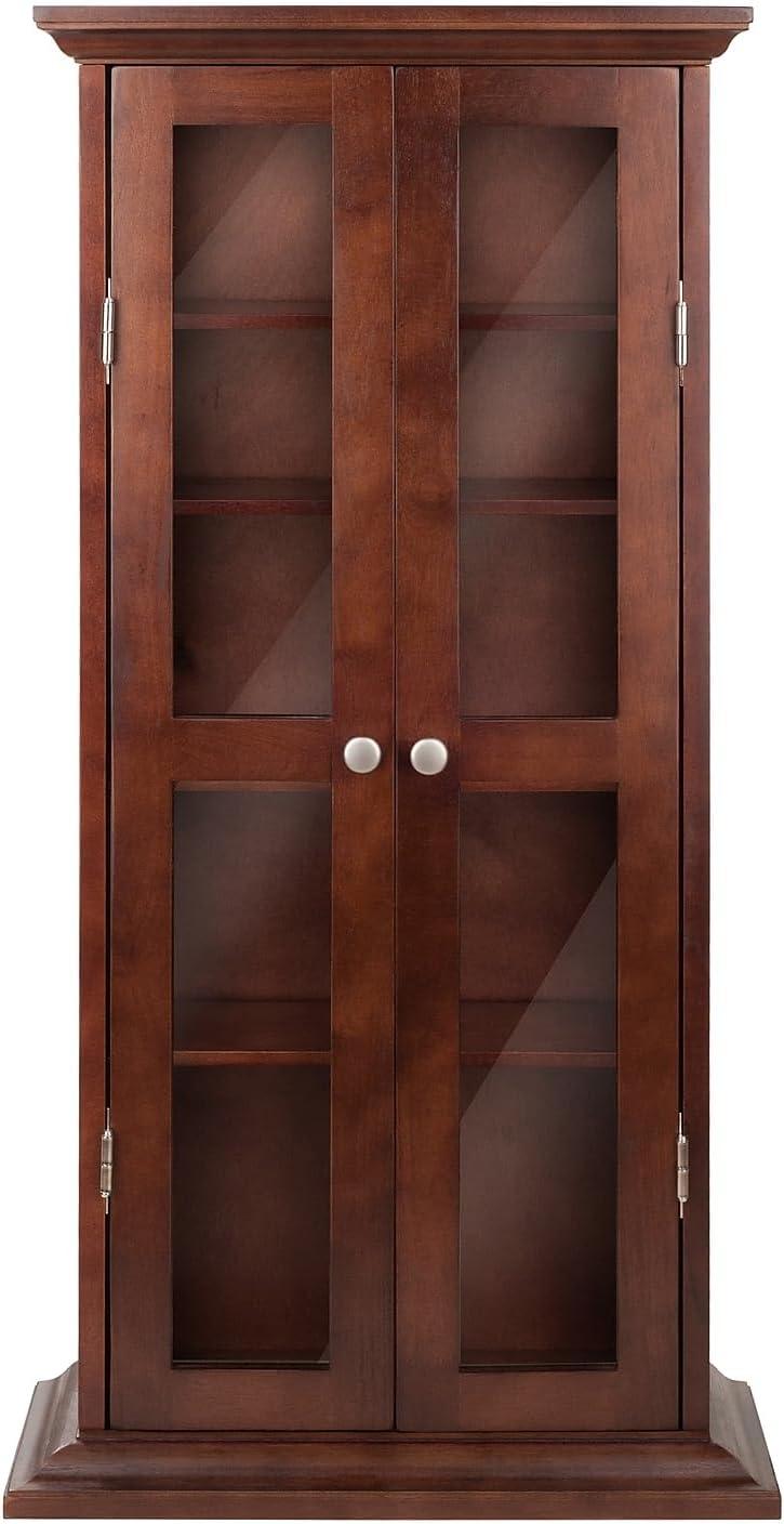 Dvd-Cd Cabinet - Antique Walnut - Winsome: Multimedia Storage, Glass Doors, 4 Adjustable Shelves
