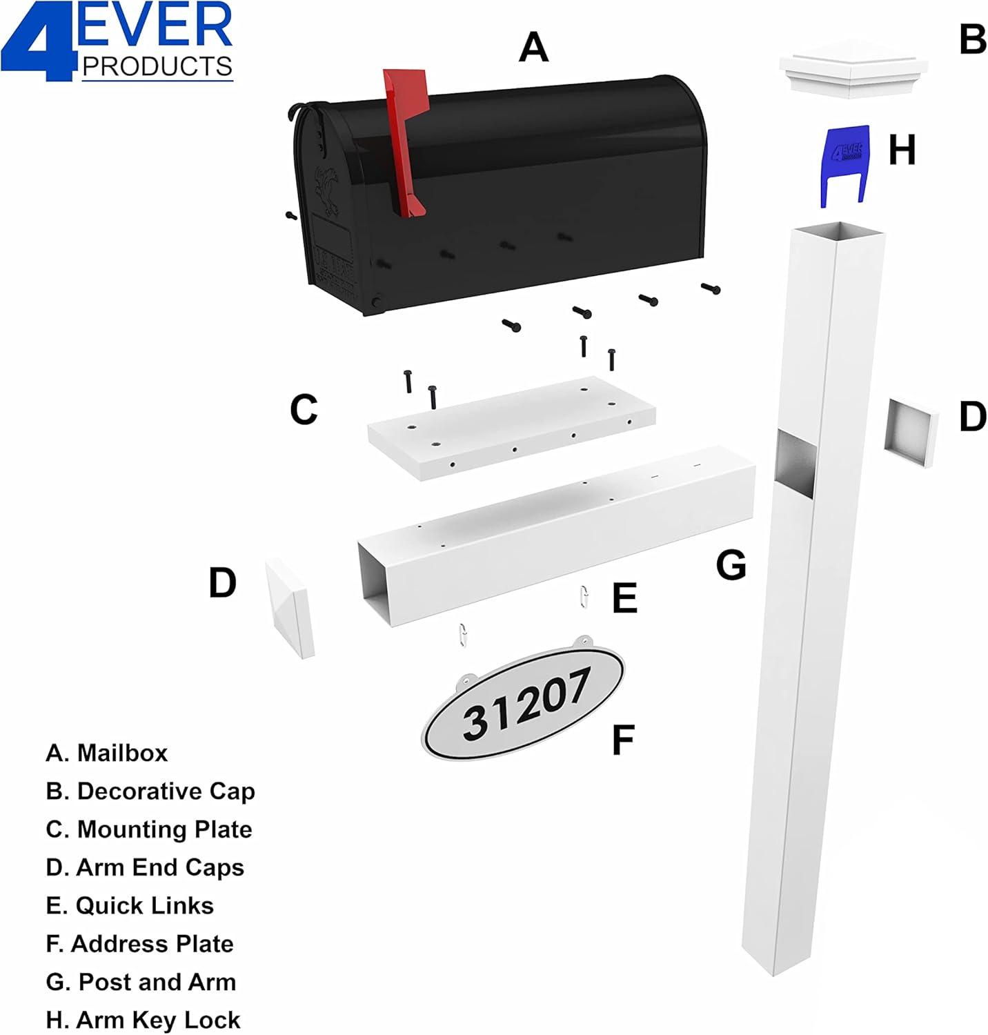 The Harrison Mailbox System with White Vinyl Post Combo, Stand, and Black Mailbox Included