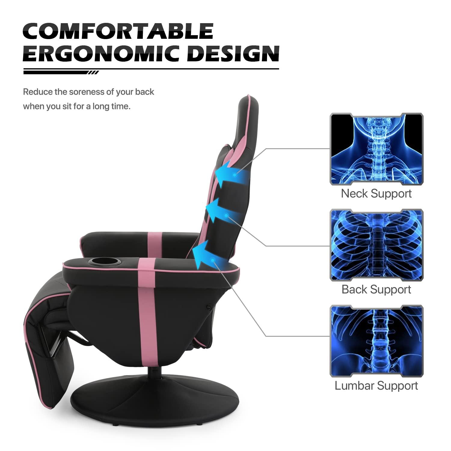 MoNiBloom Racing Style Pu Leather Ergonomic Adjusted Reclining Video Gaming Sofa Chair Seat with Adjustable Backrest and Footrest Cup Holder Pillow, Pink