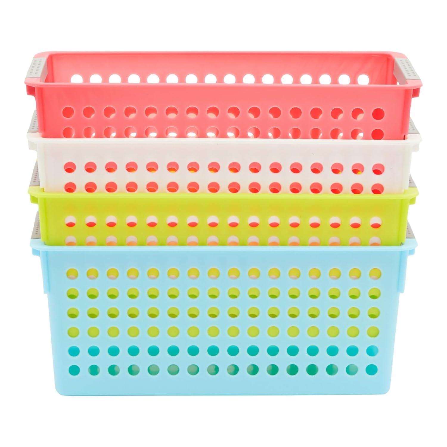 Farmlyn Creek 4 Pack Plastic Storage Baskets Bins with Handles for Shelves, Closet Organizer, 4 Colors