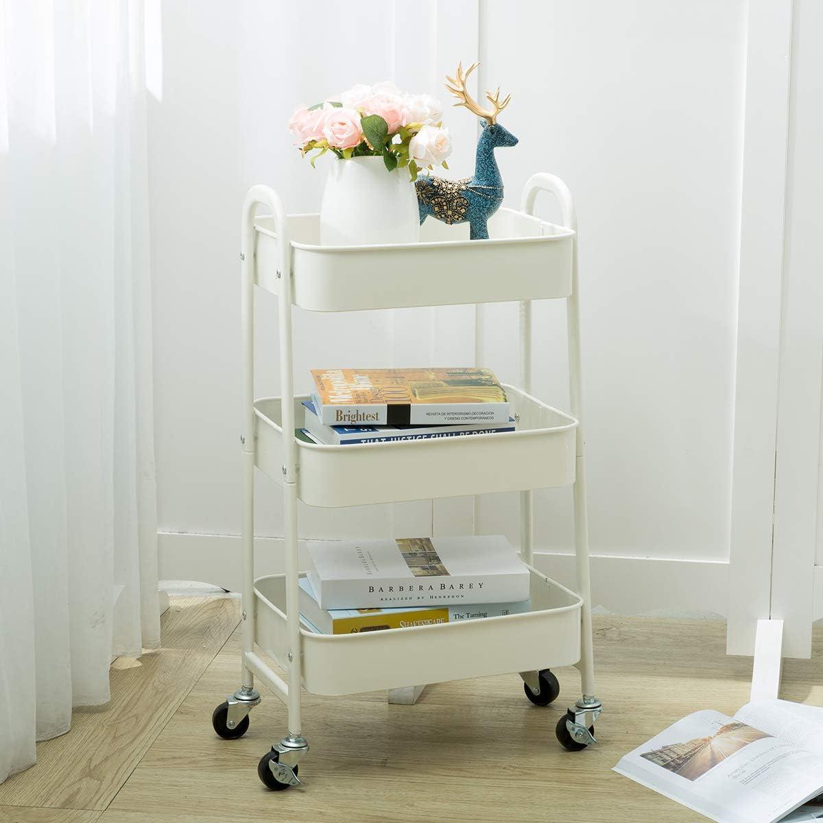 ZUNMOS 3 Tier Utility Rolling Cart, Metal Mobile Storage Cart with Lockable Caster Wheels, Storage Shelves Organizer Cart for Livingroom, Bathroom, Kitchen, & Narrow Places, White