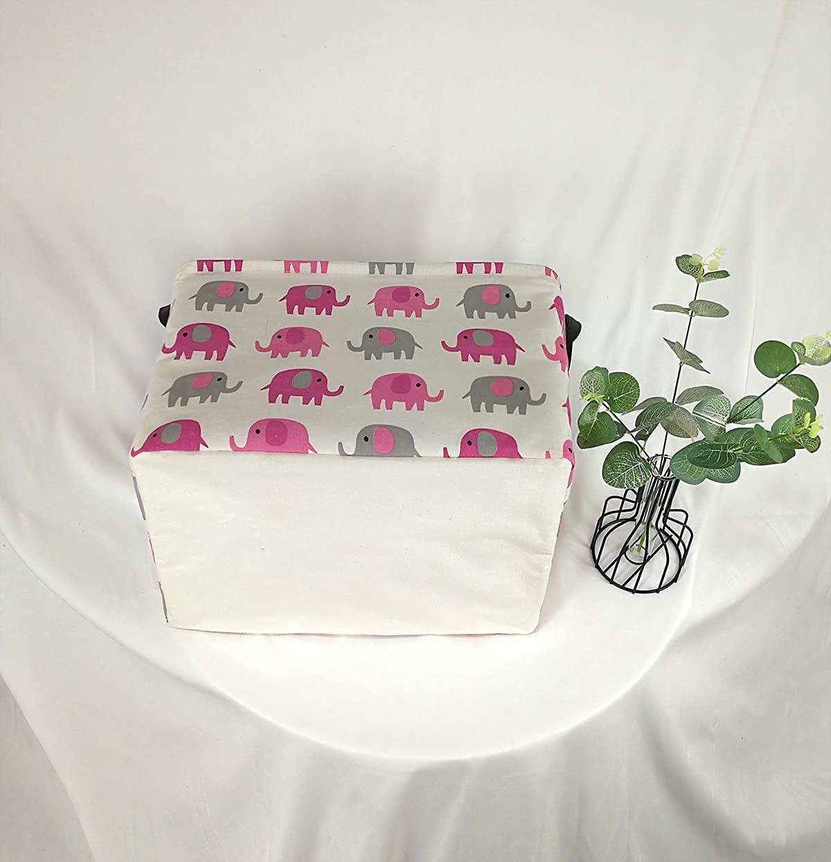 Elephant Print Rectangular Storage Bin Shelf Basket Canvas Fabric Toy Box,Waterproof Coating Nursery Hamper with Handles,Gift Basket for Home,Office,Clothes,Books(pink grey elephant)