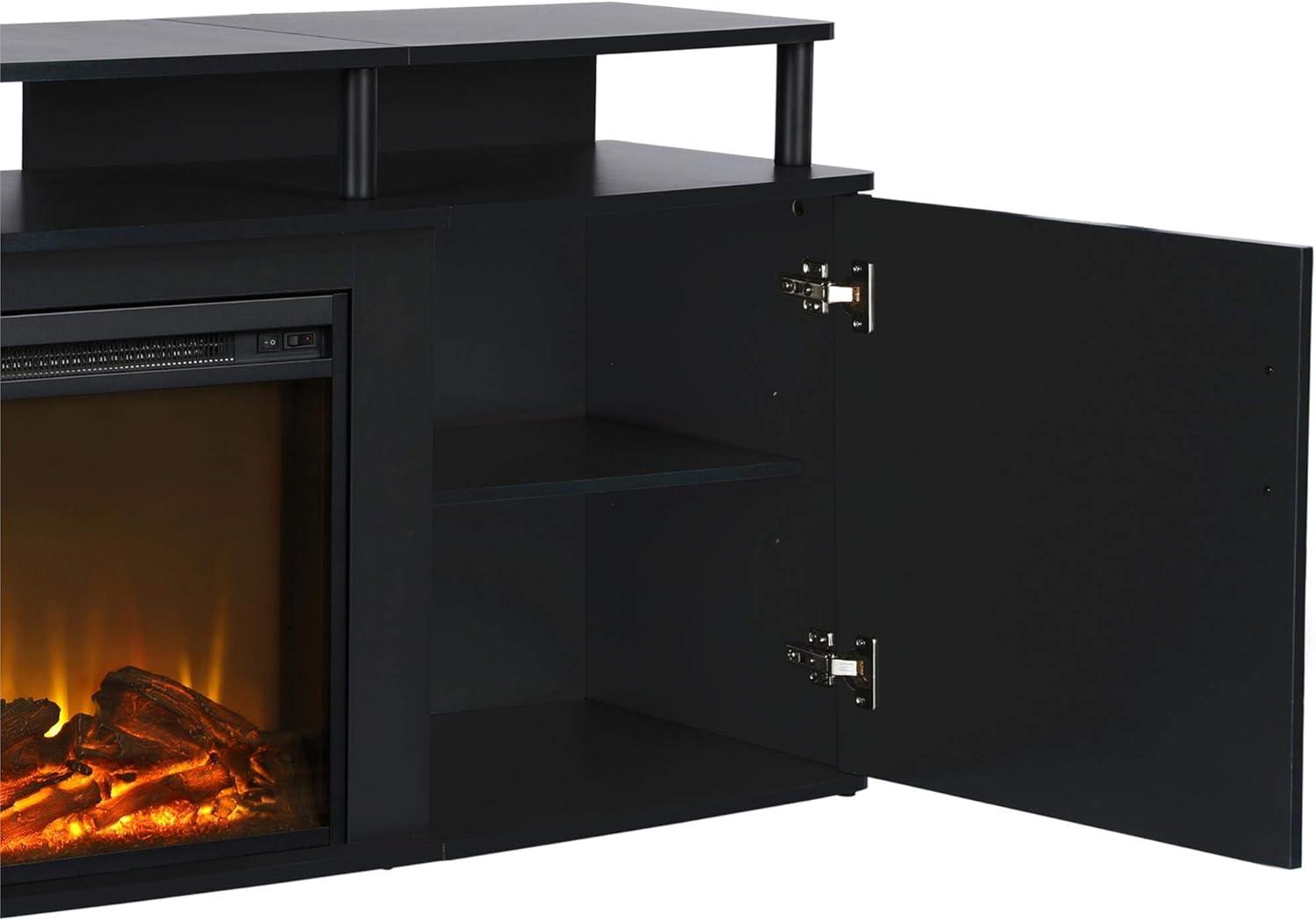 Black 70-Inch TV Stand with Electric Fireplace and Cabinets