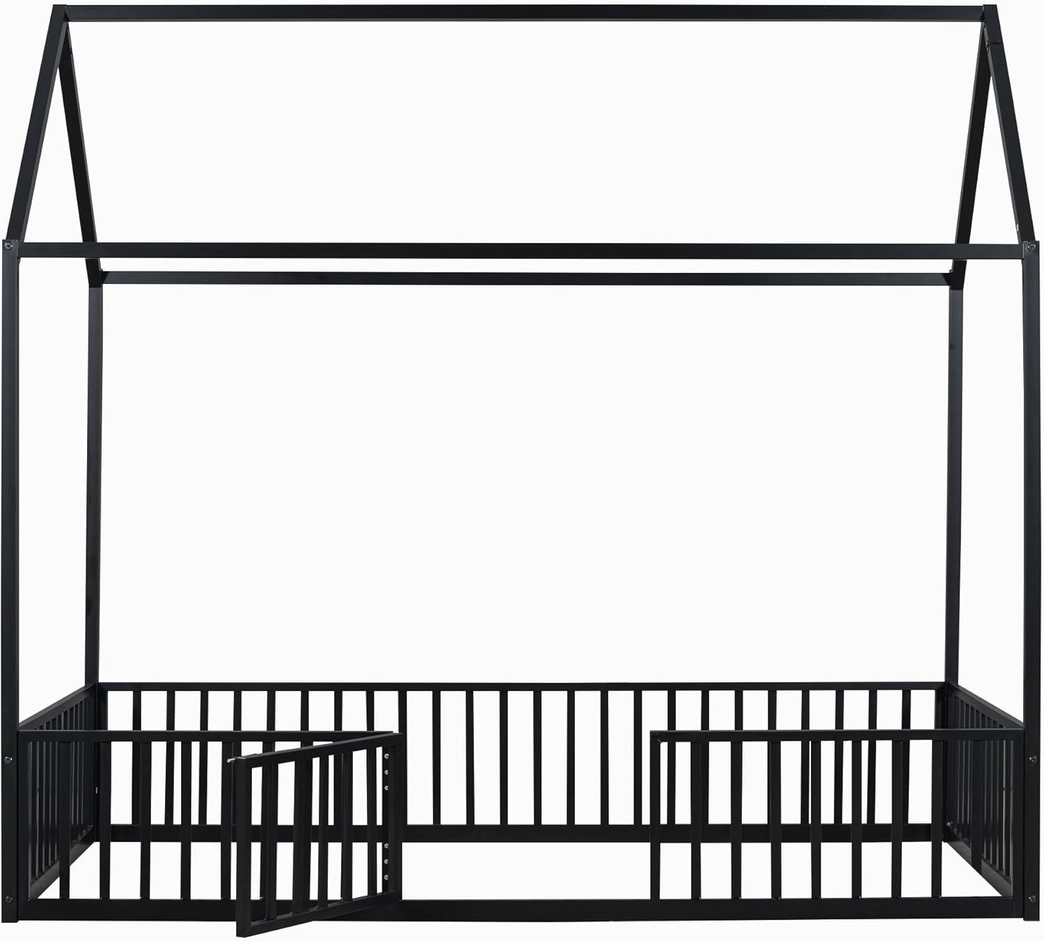 Twin Floor Bed with Door and Fence, Metal Montessori Bed Twin Size, Kids Montessori Floor Bed with Roof/House for Kids, Girls, Boys, Black