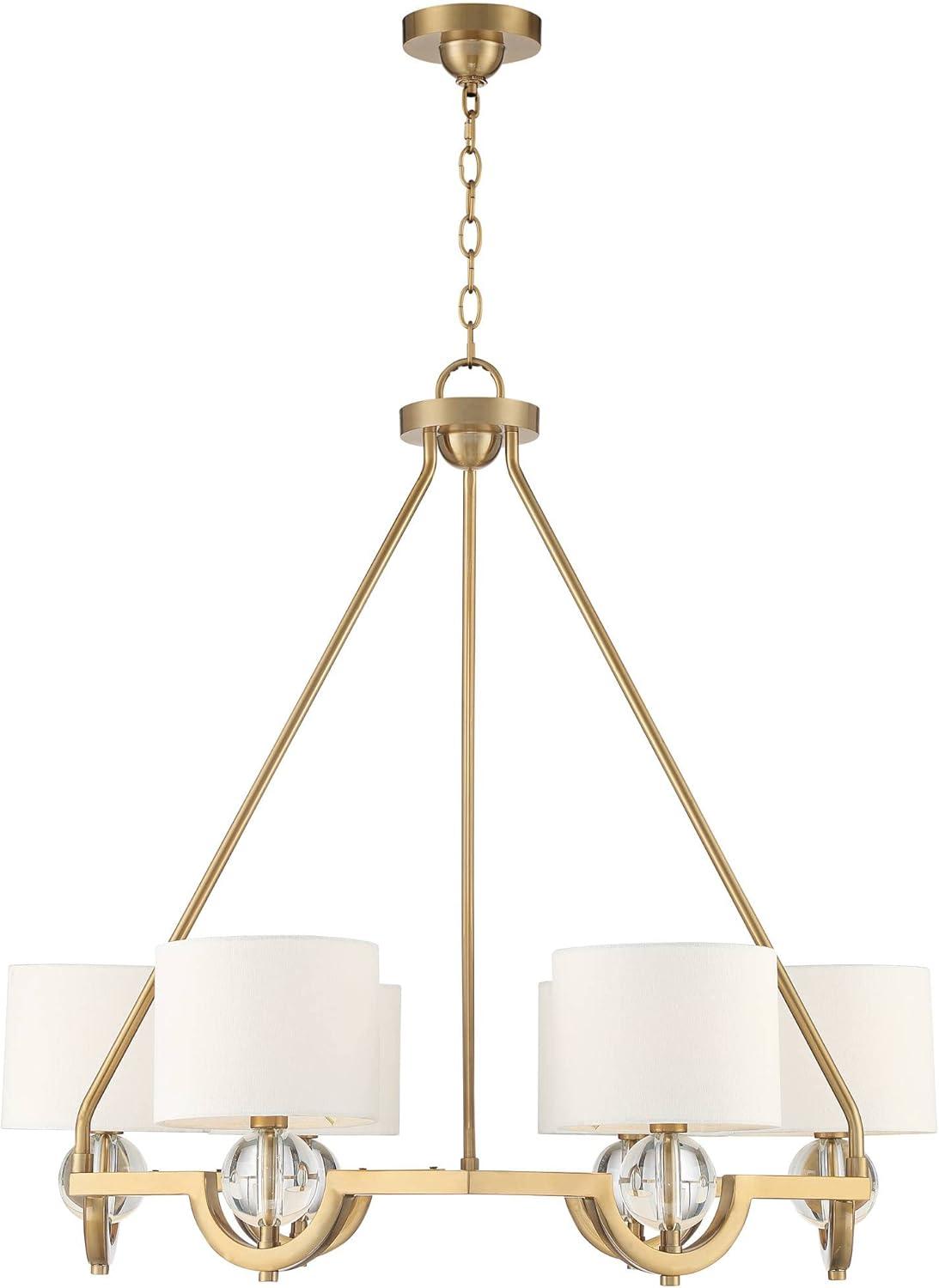 Stiffel Warm Brass Chandelier 32" Wide Modern Clear Crystal Off White Drum Shade 6-Light Fixture for Dining Room House Kitchen