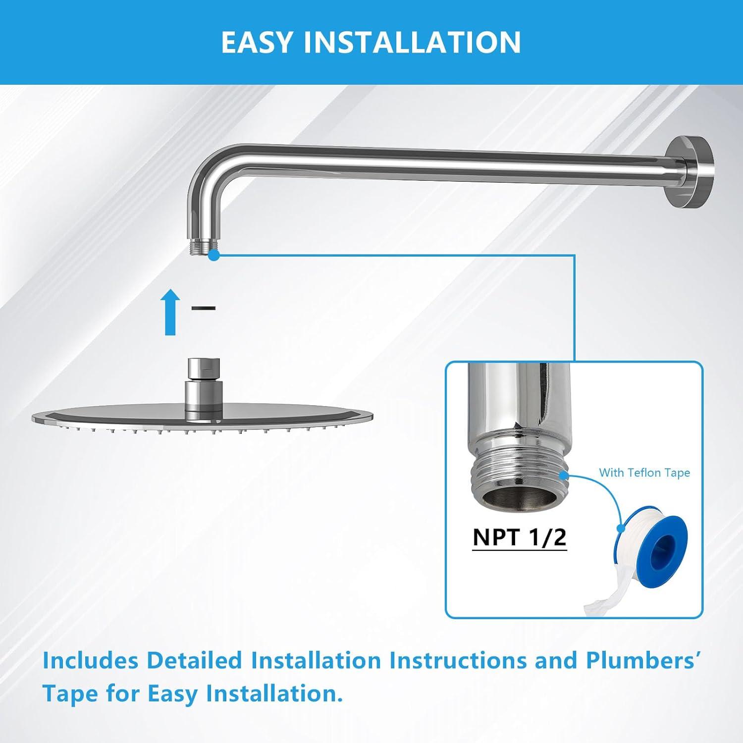 Lordear Shower Arm Chrome 16 Inch Shower Extension Arm L Shape Polished Chrome Stainless Steel Long Shower Head Extension Tube, Shower Extender Arm with Flange