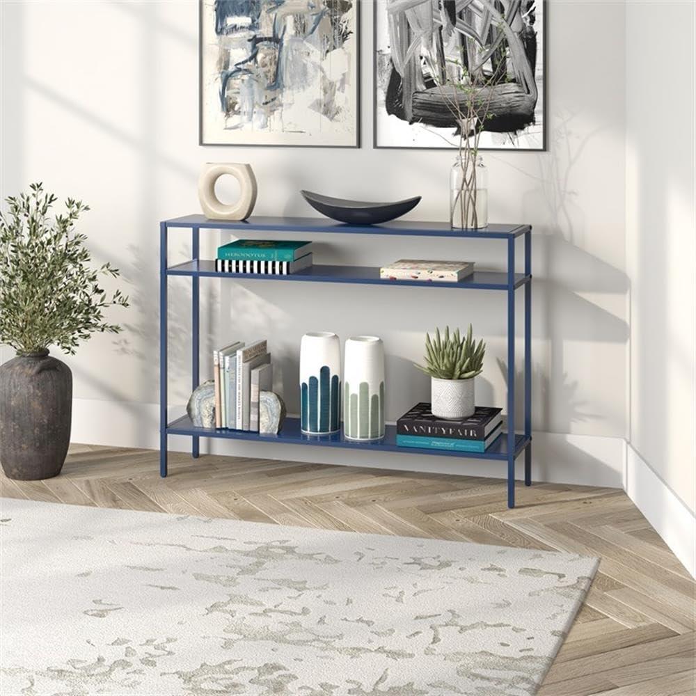Evelyn&Zoe Ricardo 42" Wide Rectangular Console Table with Metal Shelves, Mykonos Blue