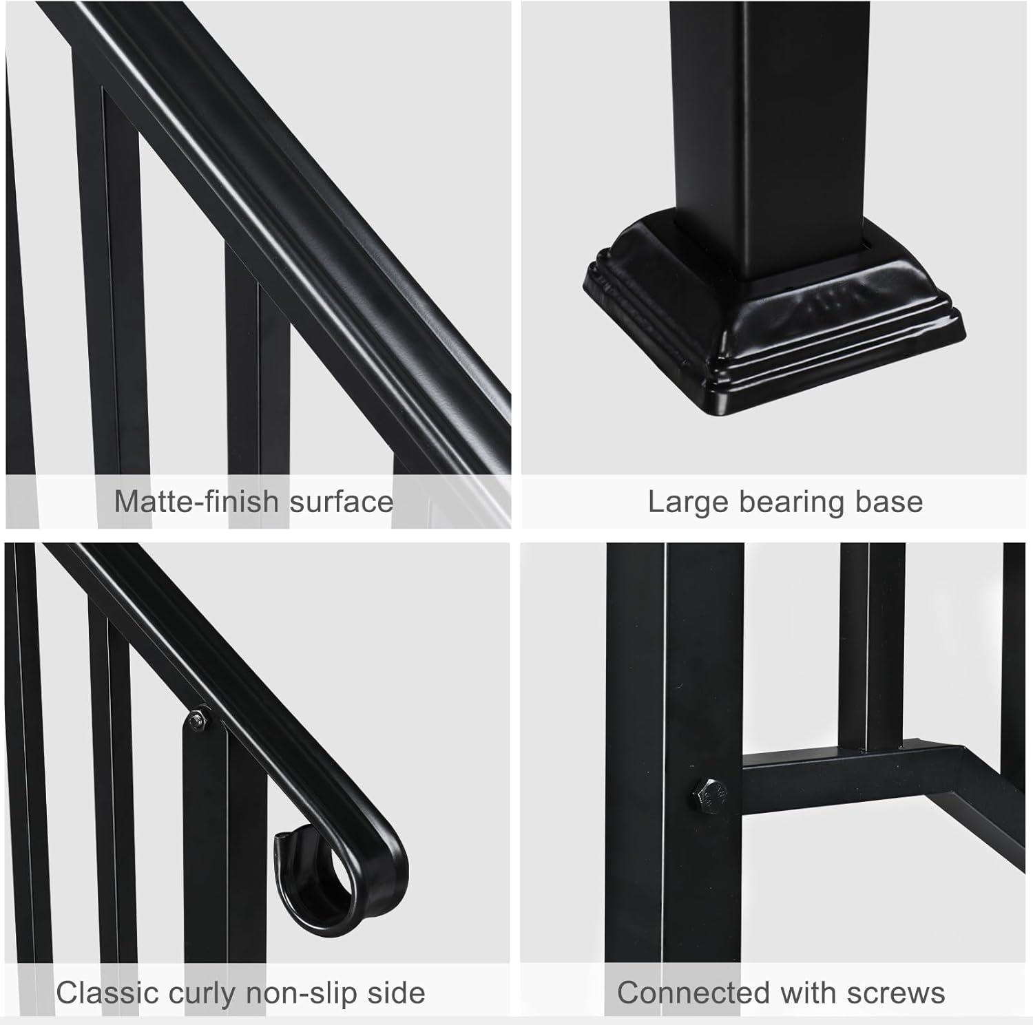 HLL Handrails for Outdoor Steps, Black Wrought Iron Handrail Fits 4 or 5 Steps, Transitional Handrail with Installation Kit, Stair Railing for Concrete Steps or Wooden Stairs