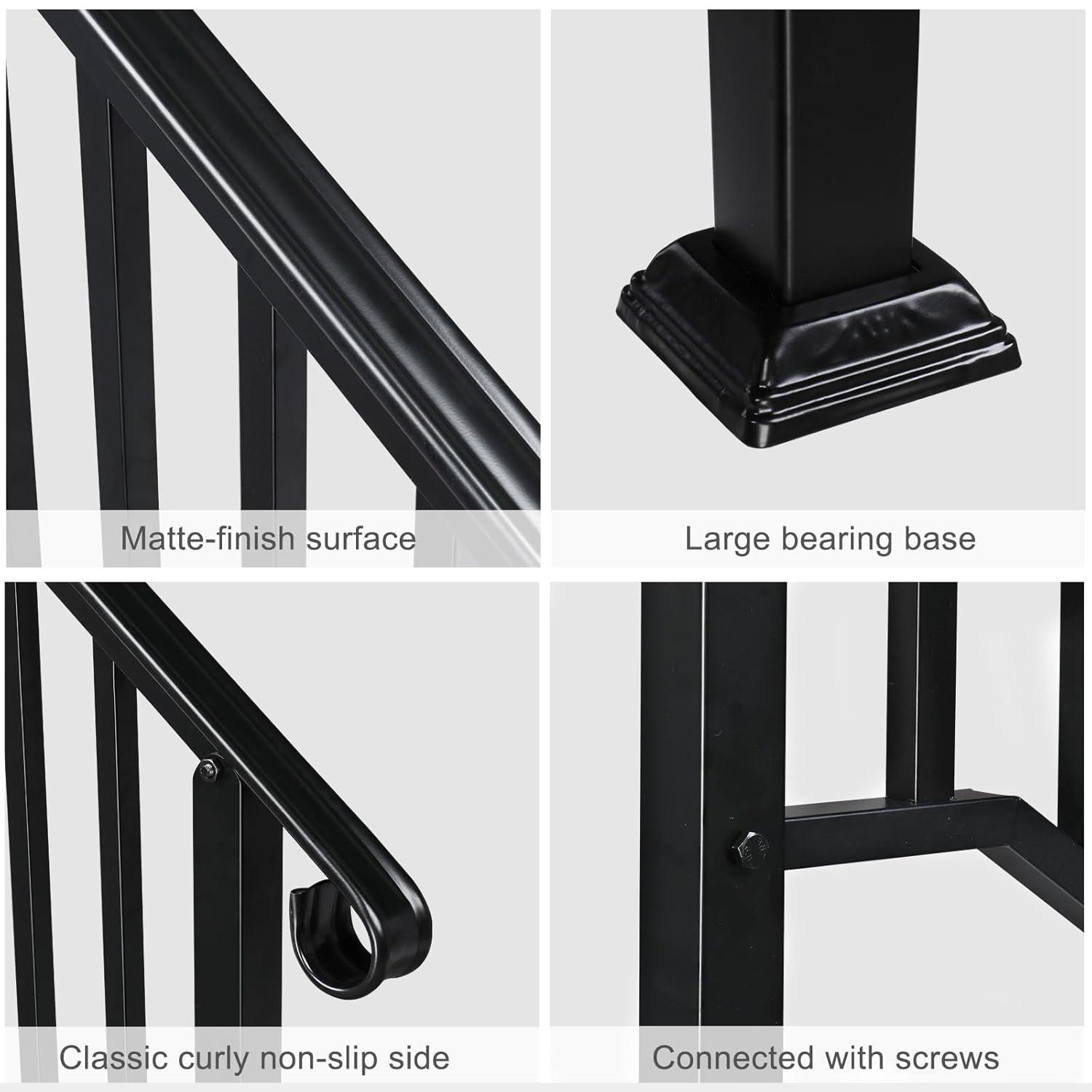 HLL Handrails for Outdoor Steps, Black Wrought Iron Handrail Fits 4 or 5 Steps, Transitional Handrail with Installation Kit, Stair Railing for Concrete Steps or Wooden Stairs
